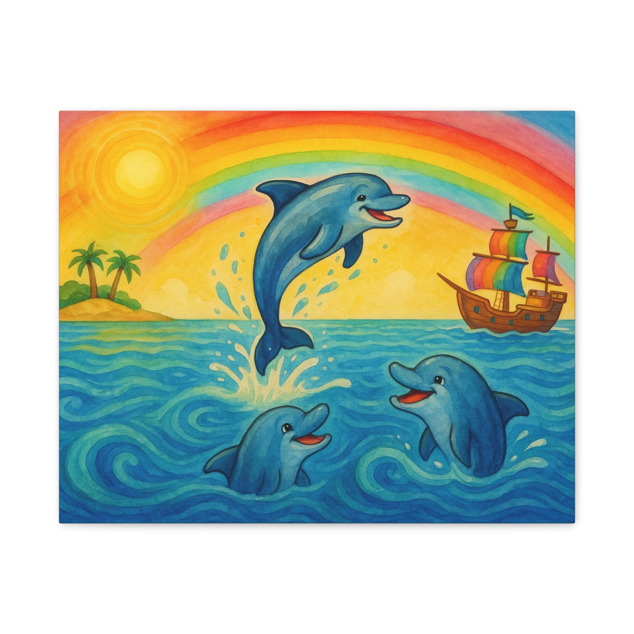 Colorful Dolphin Canvas Wall Art, Nautical Home Decor, Beach Vibes, Kids Bedroom Wall Art, Ocean-Themed Gift, Bright Rainbow Print