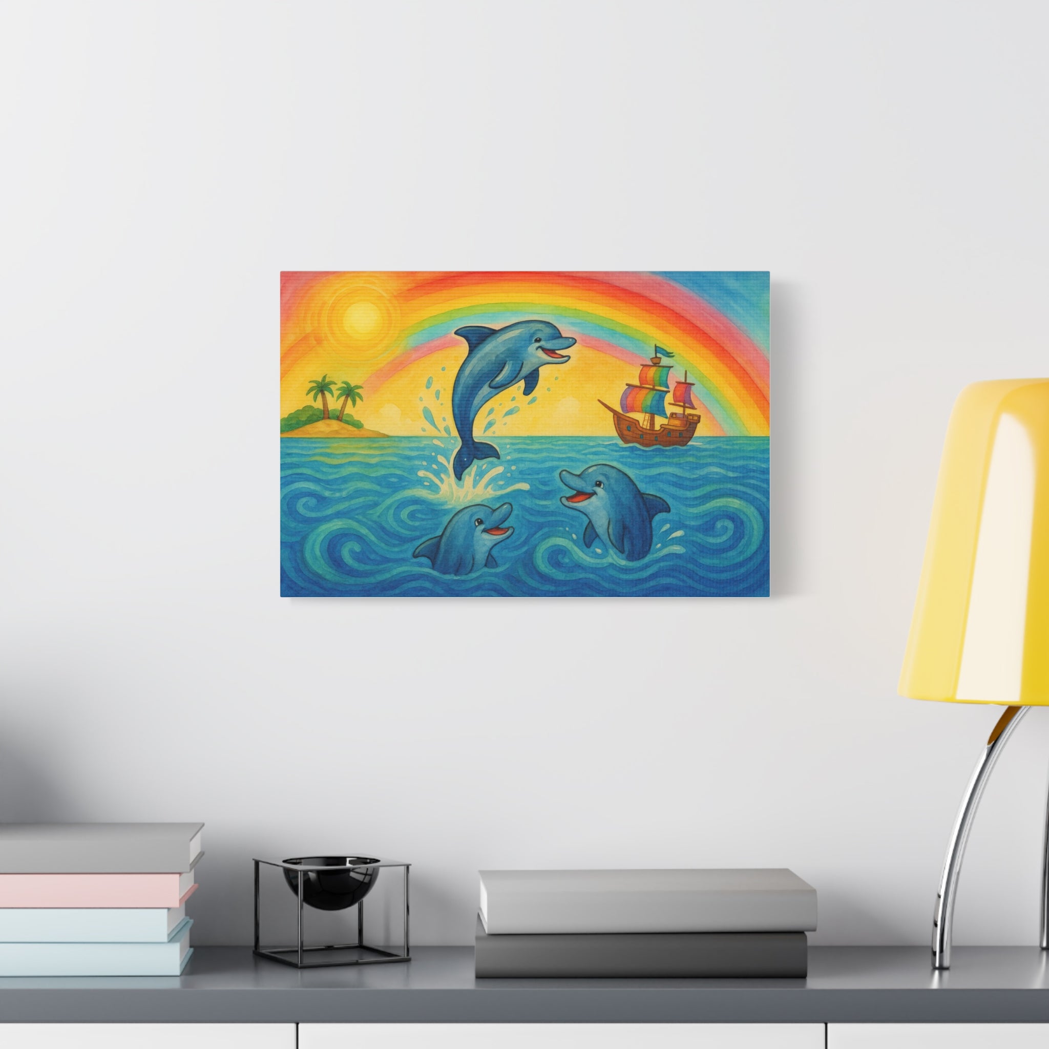 Colorful Dolphin Canvas Wall Art, Nautical Home Decor, Beach Vibes, Kids Bedroom Wall Art, Ocean-Themed Gift, Bright Rainbow Print