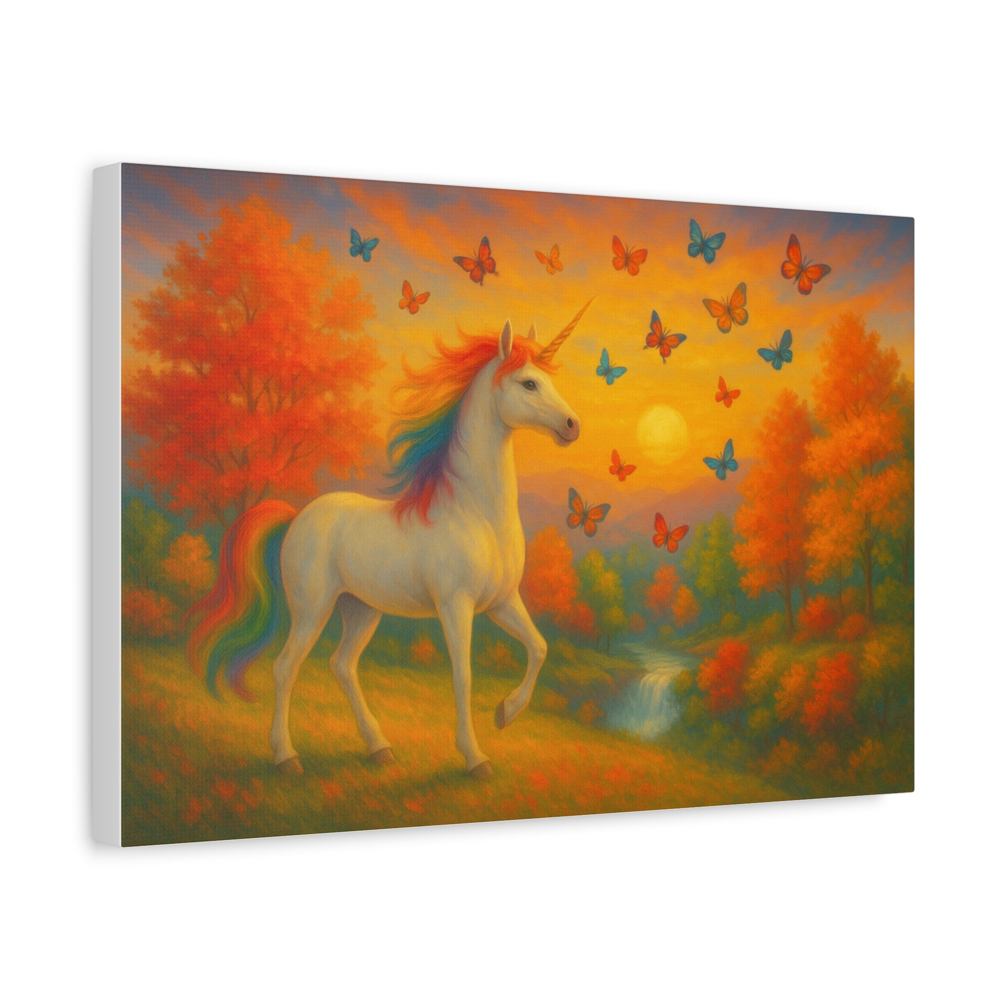 Whimsical Unicorn at Sunset, Rainbow Butterflies Fantasy Canvas Wall Art for Kids and Dreamers, A Magical Rainbow Moment in Nature
