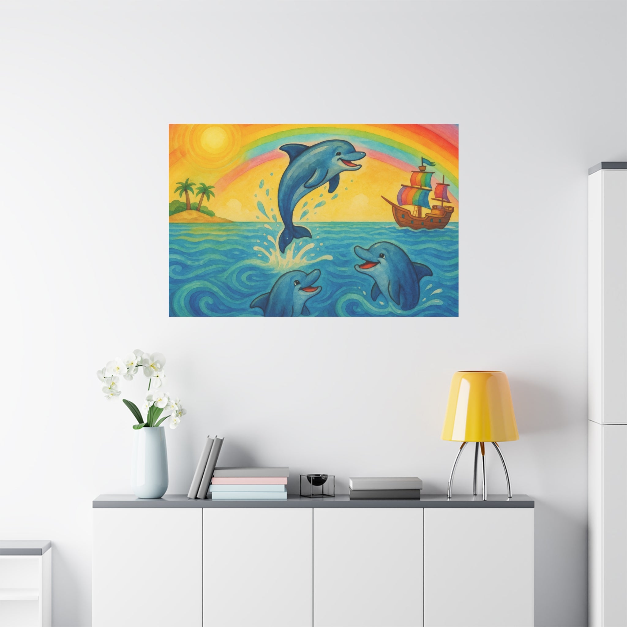 Colorful Dolphin Canvas Wall Art, Nautical Home Decor, Beach Vibes, Kids Bedroom Wall Art, Ocean-Themed Gift, Bright Rainbow Print
