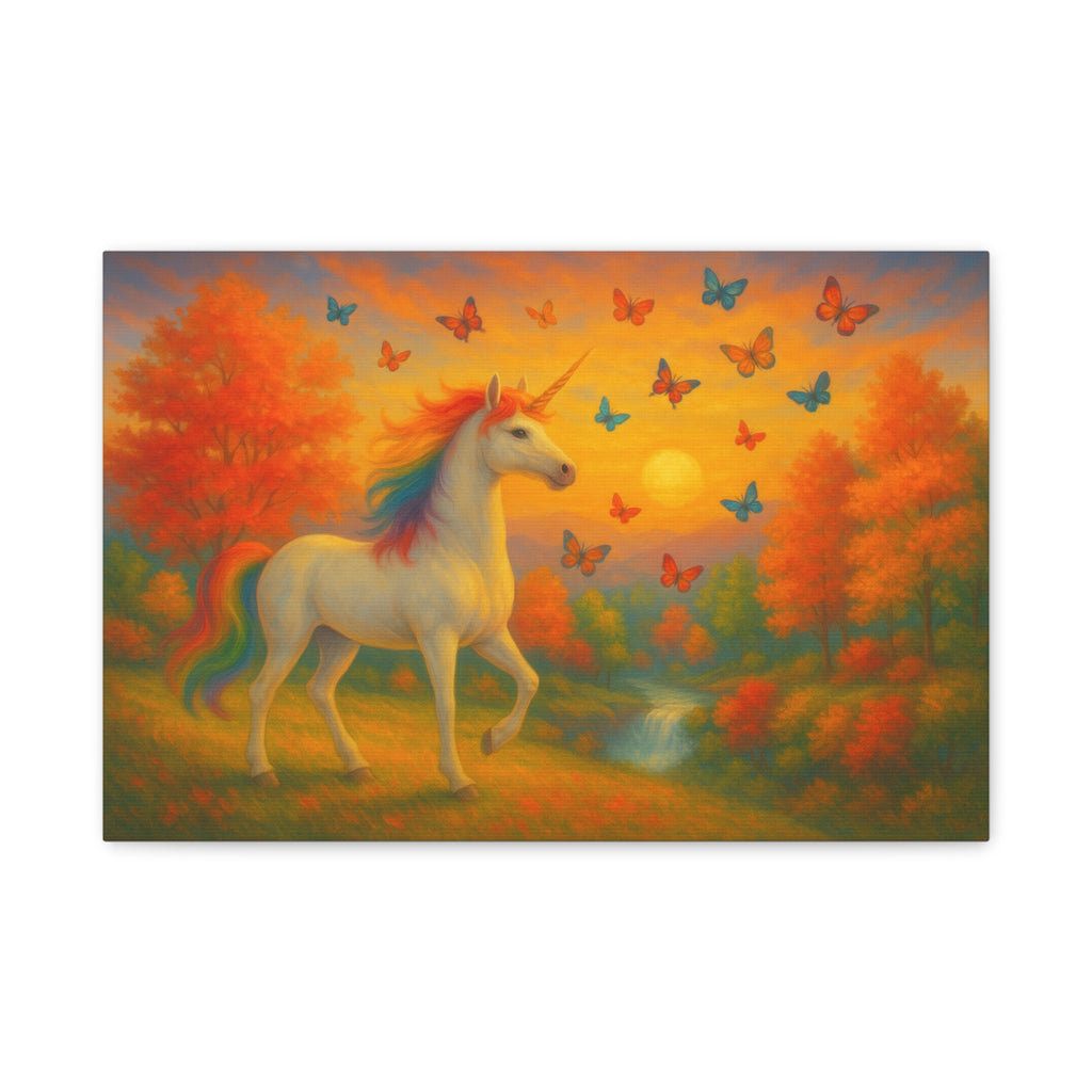 Whimsical Unicorn at Sunset, Rainbow Butterflies Fantasy Canvas Wall Art for Kids and Dreamers, A Magical Rainbow Moment in Nature