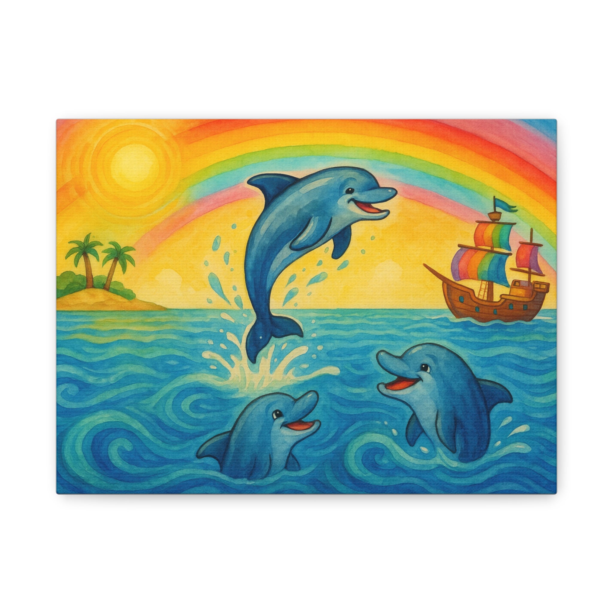 Colorful Dolphin Canvas Wall Art, Nautical Home Decor, Beach Vibes, Kids Bedroom Wall Art, Ocean-Themed Gift, Bright Rainbow Print
