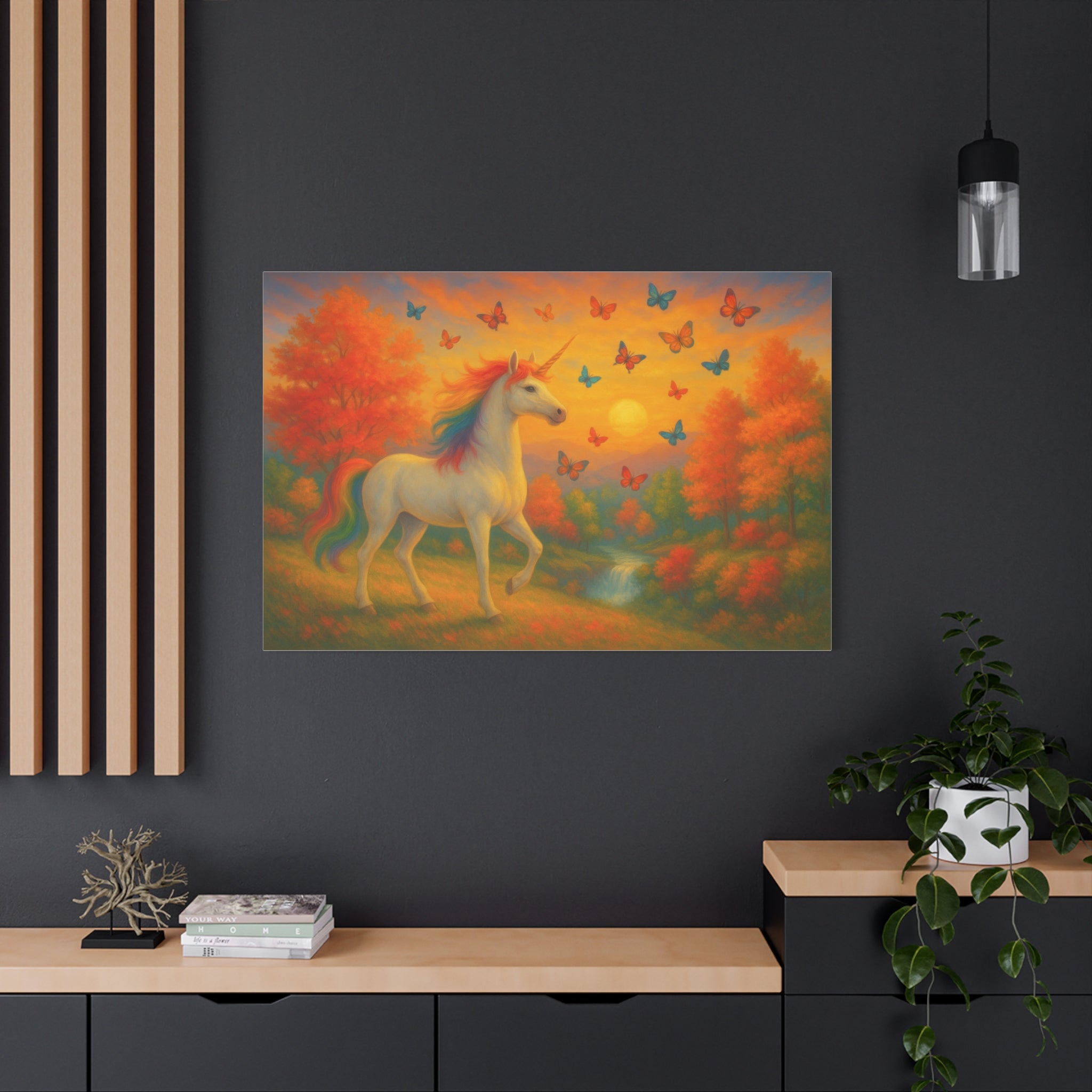 Whimsical Unicorn at Sunset, Rainbow Butterflies Fantasy Canvas Wall Art for Kids and Dreamers, A Magical Rainbow Moment in Nature