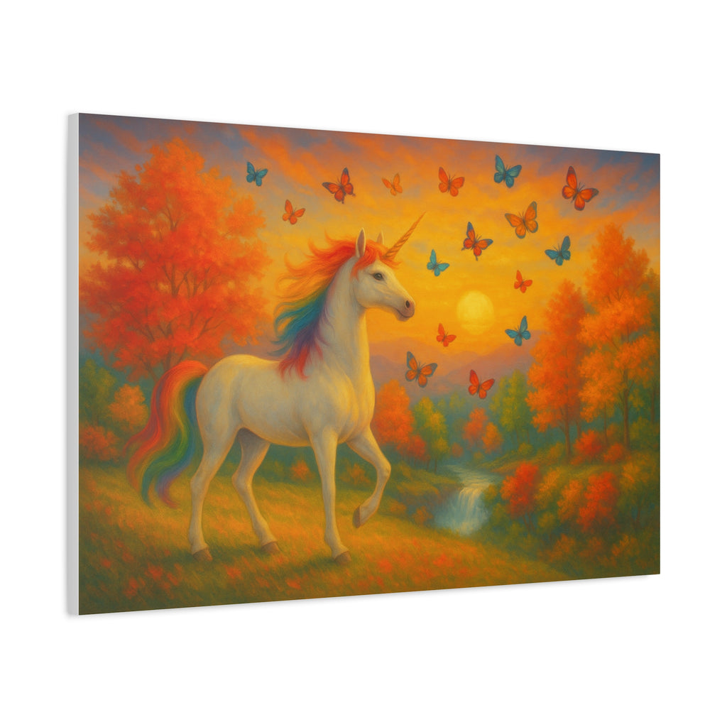 Whimsical Unicorn at Sunset, Rainbow Butterflies Fantasy Canvas Wall Art for Kids and Dreamers, A Magical Rainbow Moment in Nature