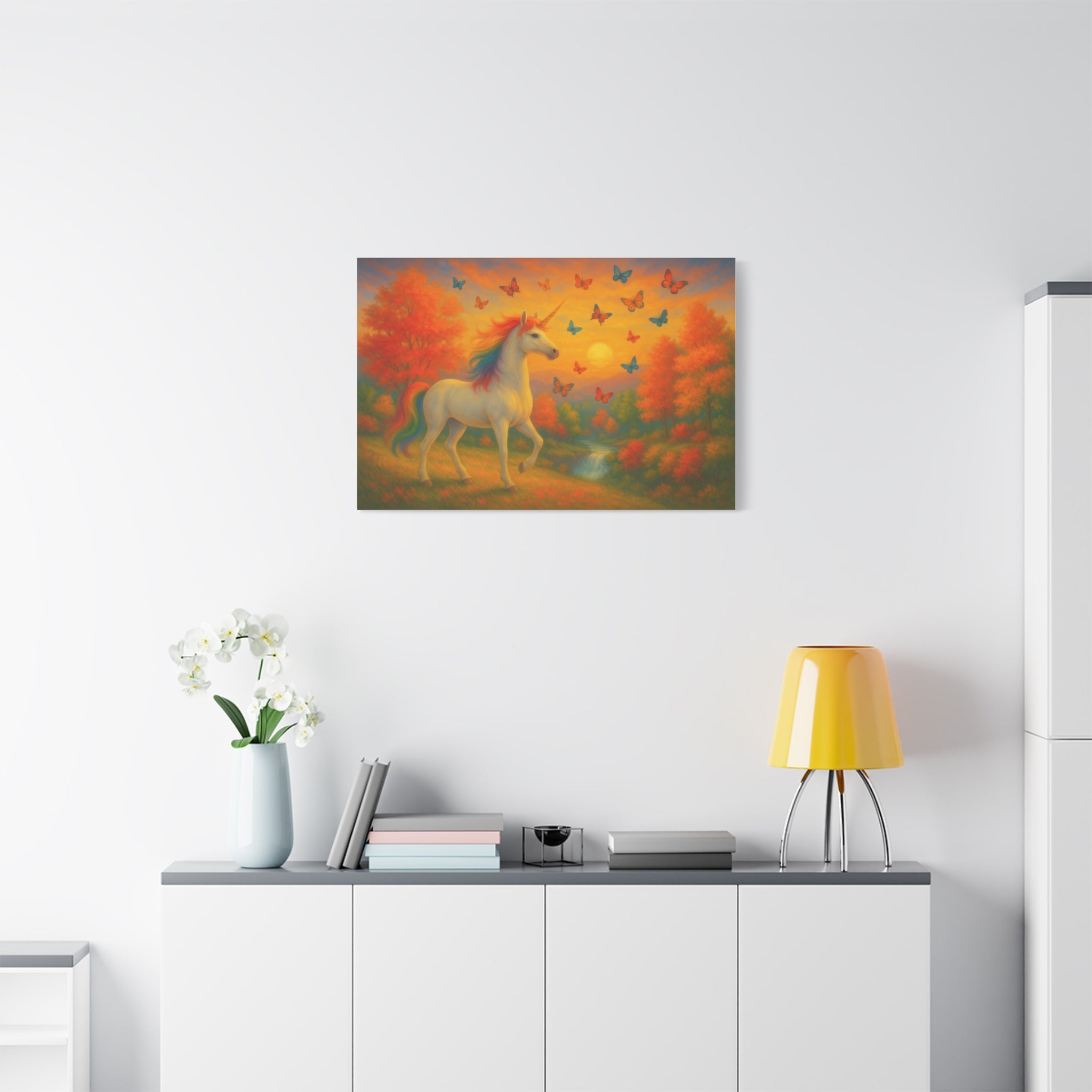 Whimsical Unicorn at Sunset, Rainbow Butterflies Fantasy Canvas Wall Art for Kids and Dreamers, A Magical Rainbow Moment in Nature