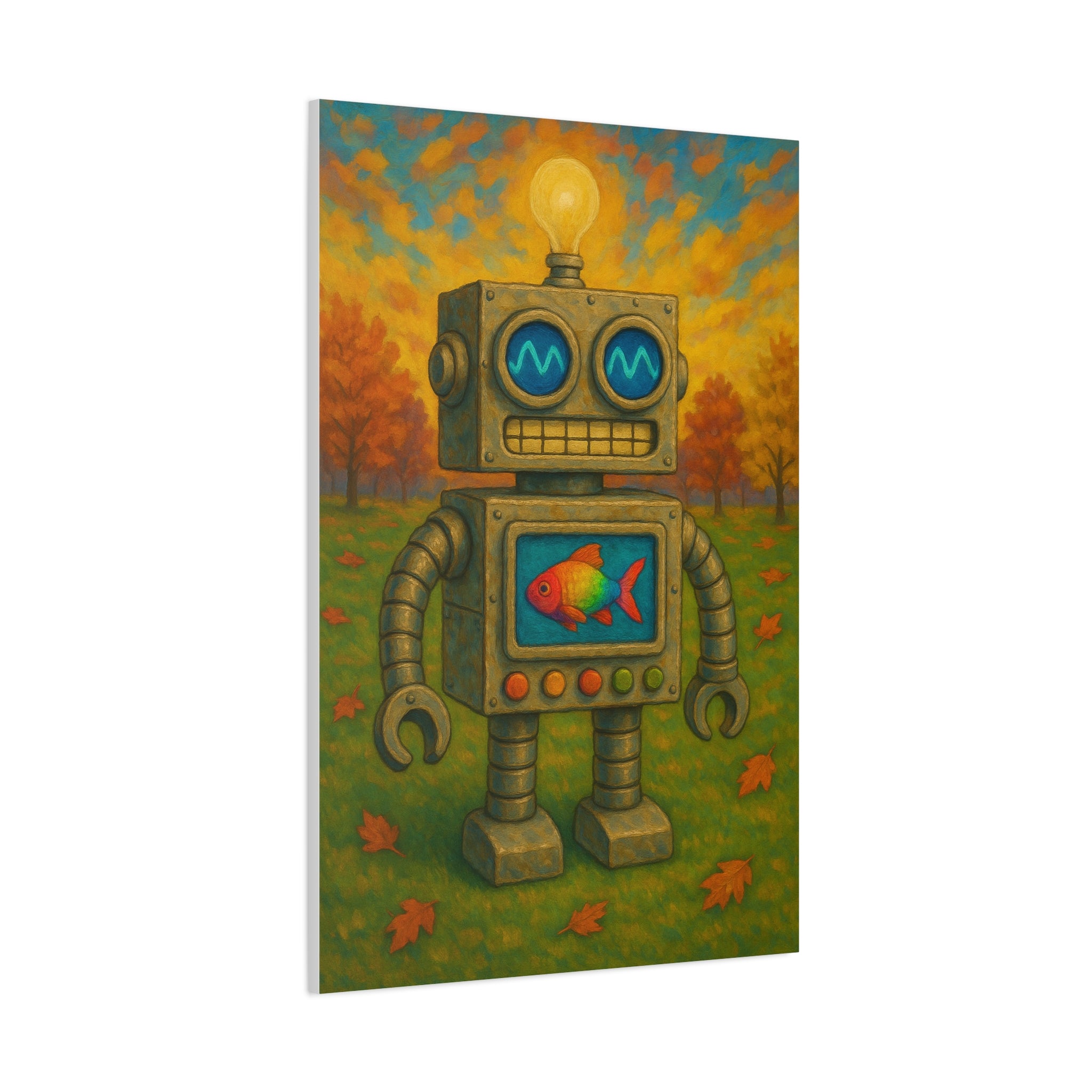 Whimsical Robot & Rainbow Fish – Fall Landscape Canvas Wall Art. Bring warmth and wonder home with this colorful fall-themed robot painting. A playful mix of nature, creativity, and curiosity.