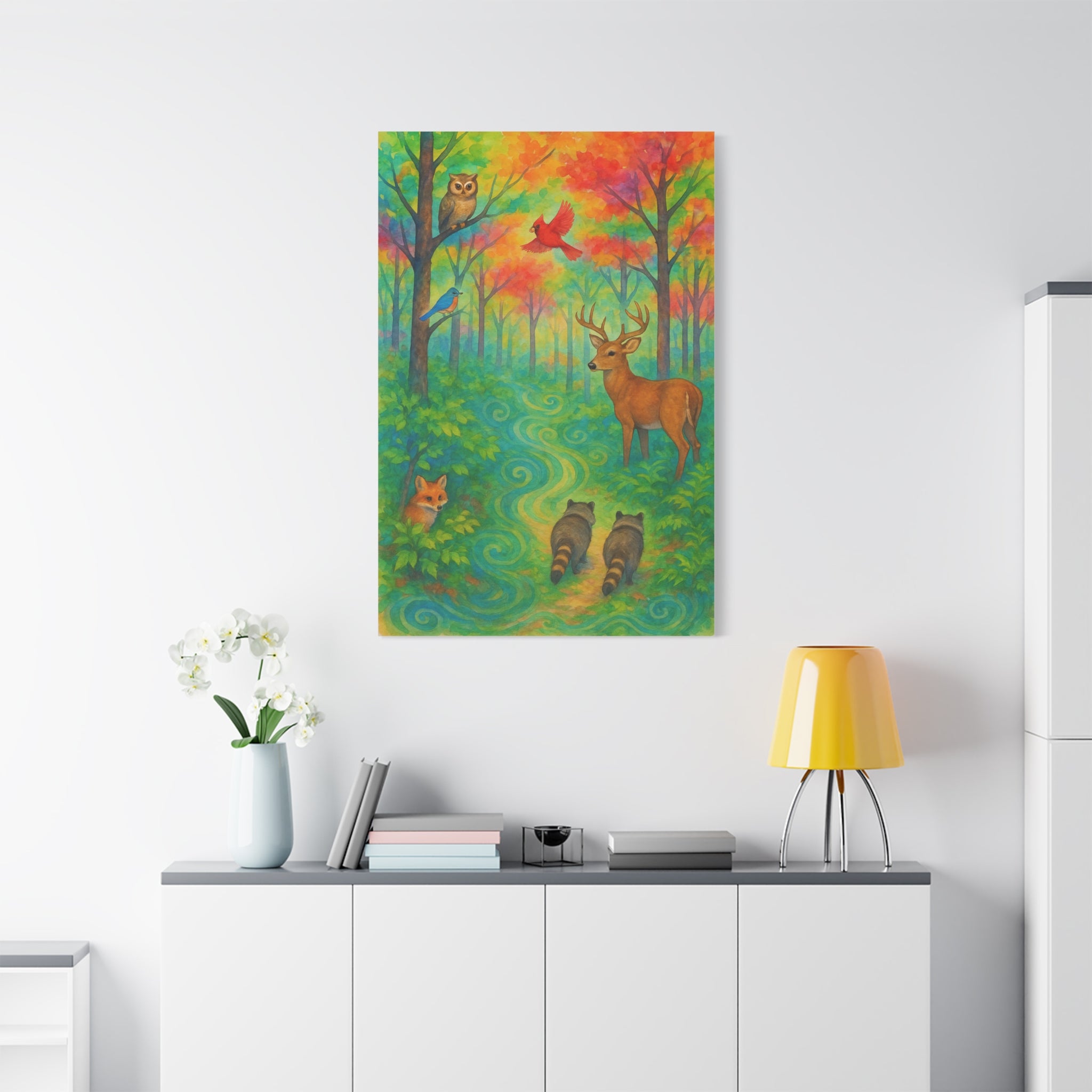 Rainbow Woodland Watercolor Painting – Vibrant Forest with Deer, Fox, Raccoons, and Birds | Nature Wall Art for Living Room or Nursery