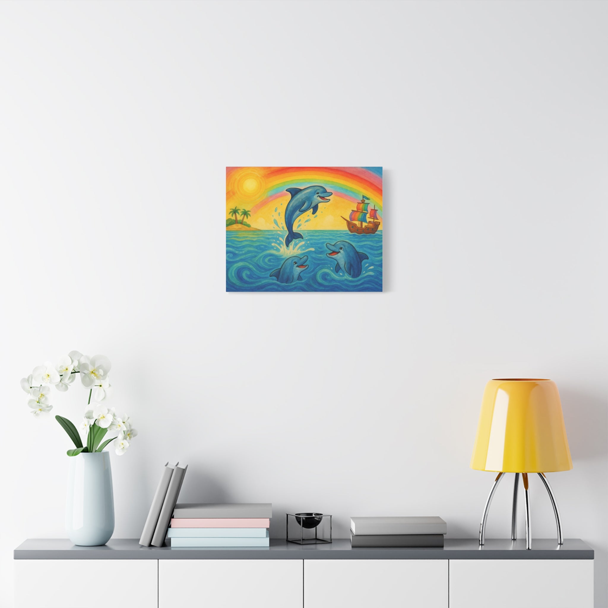 Colorful Dolphin Canvas Wall Art, Nautical Home Decor, Beach Vibes, Kids Bedroom Wall Art, Ocean-Themed Gift, Bright Rainbow Print