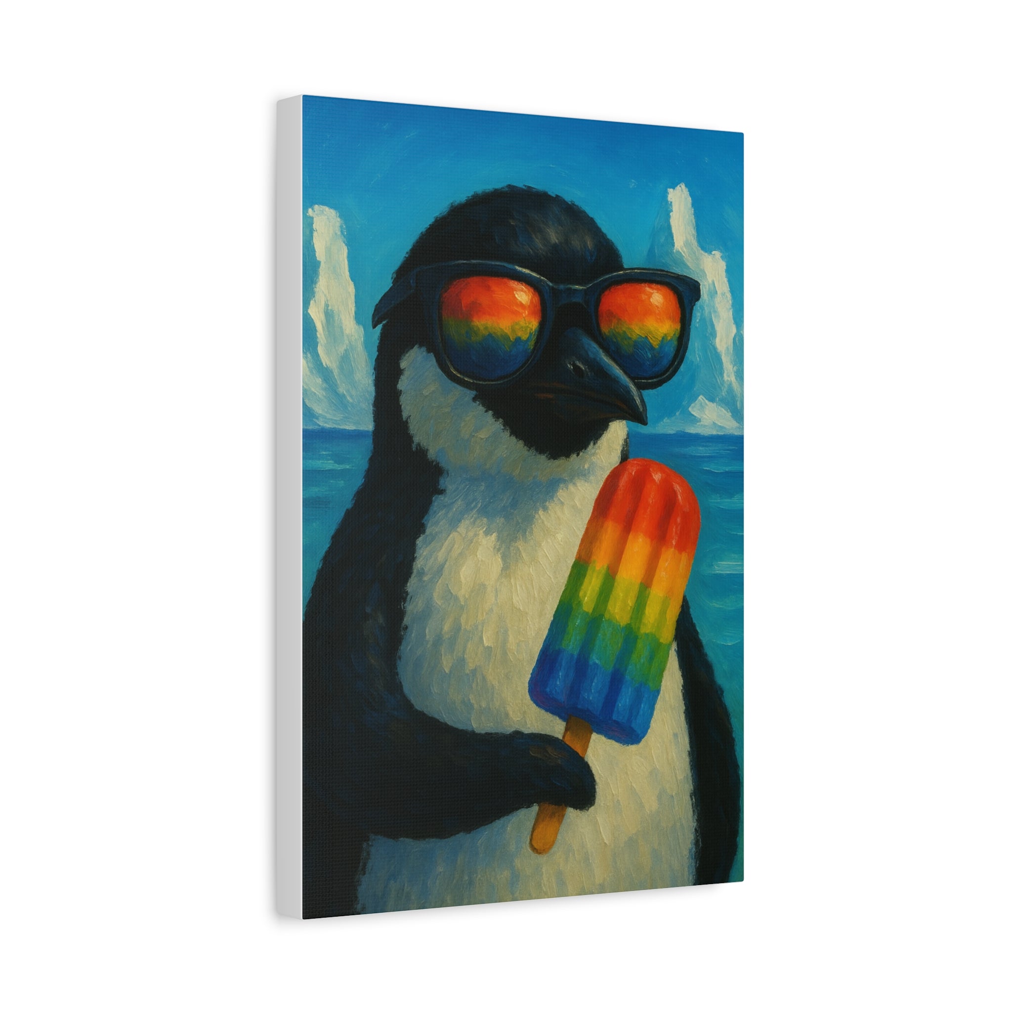 Colorful Penguin Canvas Art, Rainbow Popsicle Print, Beach Decor, Fun Wall Art, Gift for Animal Lovers, Summer Vibe