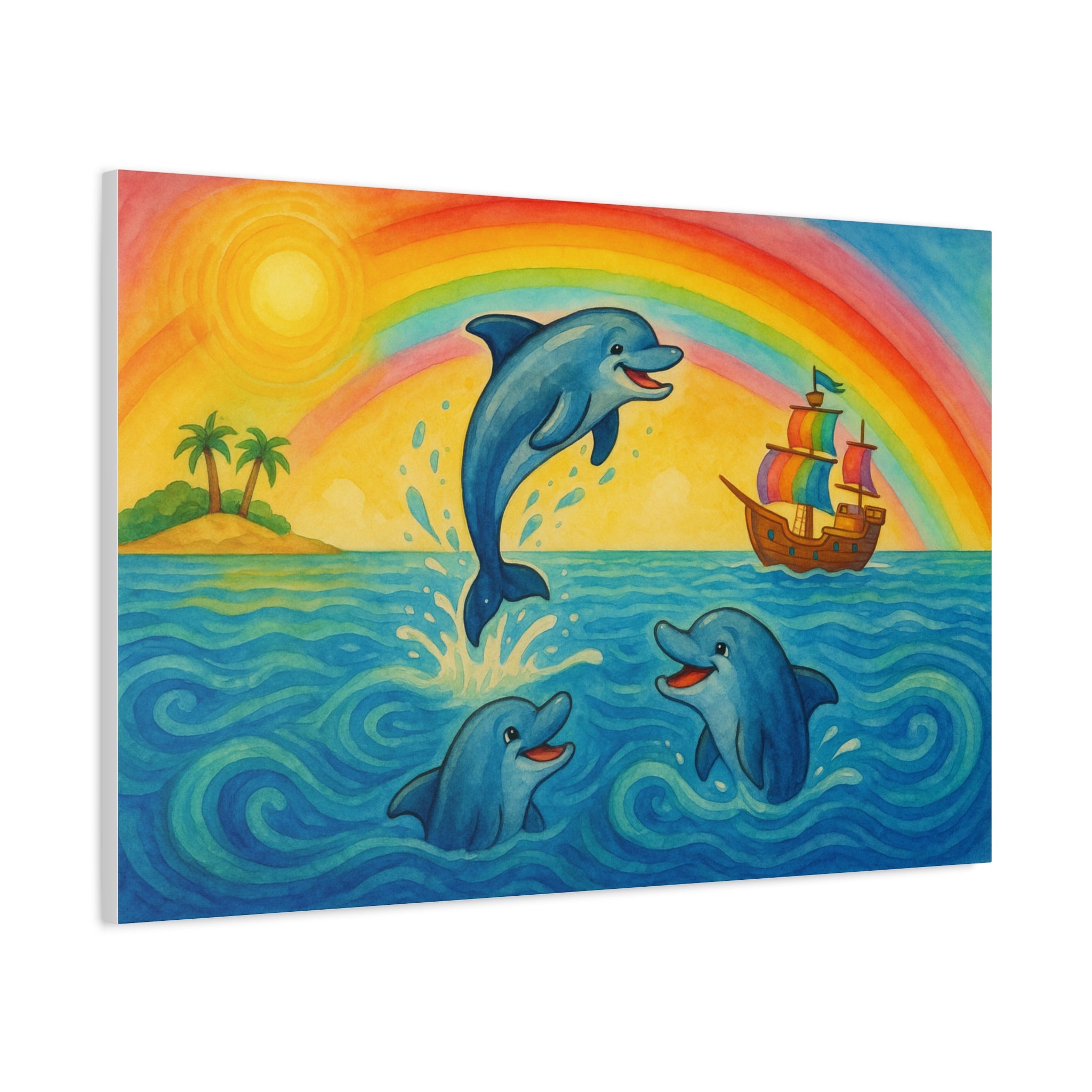 Colorful Dolphin Canvas Wall Art, Nautical Home Decor, Beach Vibes, Kids Bedroom Wall Art, Ocean-Themed Gift, Bright Rainbow Print