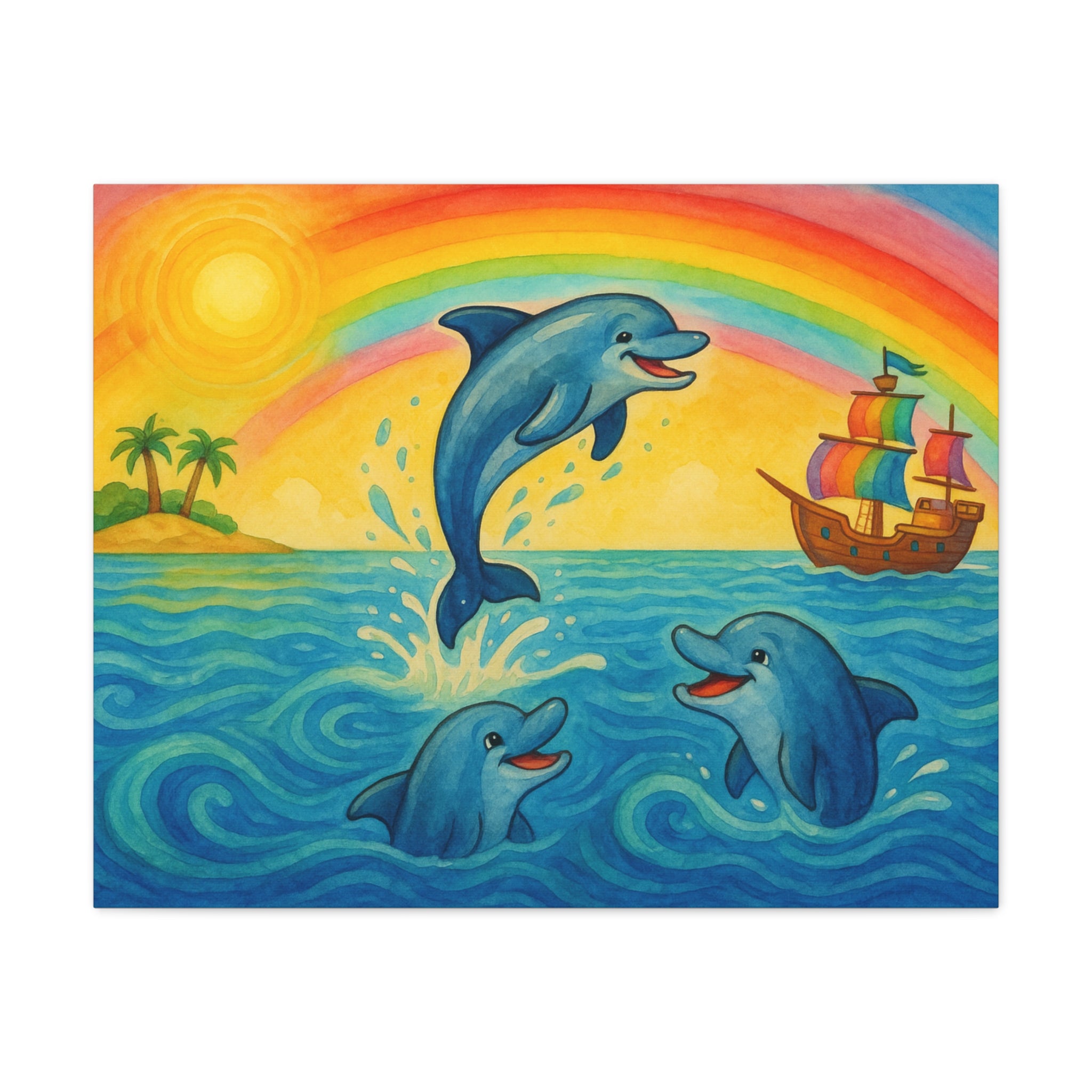 Colorful Dolphin Canvas Wall Art, Nautical Home Decor, Beach Vibes, Kids Bedroom Wall Art, Ocean-Themed Gift, Bright Rainbow Print