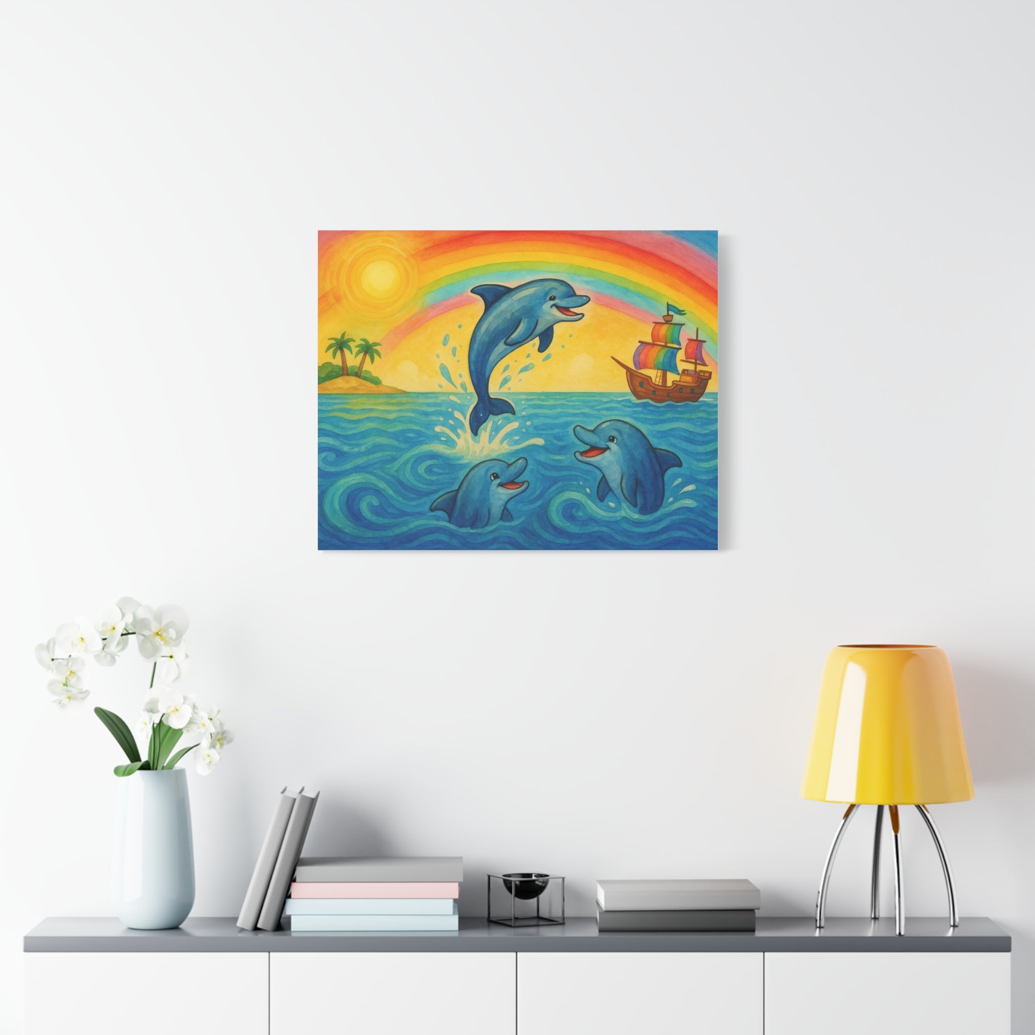 Colorful Dolphin Canvas Wall Art, Nautical Home Decor, Beach Vibes, Kids Bedroom Wall Art, Ocean-Themed Gift, Bright Rainbow Print