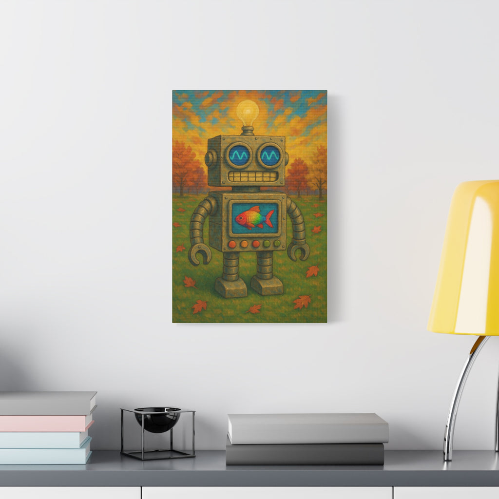 Whimsical Robot & Rainbow Fish – Fall Landscape Canvas Wall Art. Bring warmth and wonder home with this colorful fall-themed robot painting. A playful mix of nature, creativity, and curiosity.