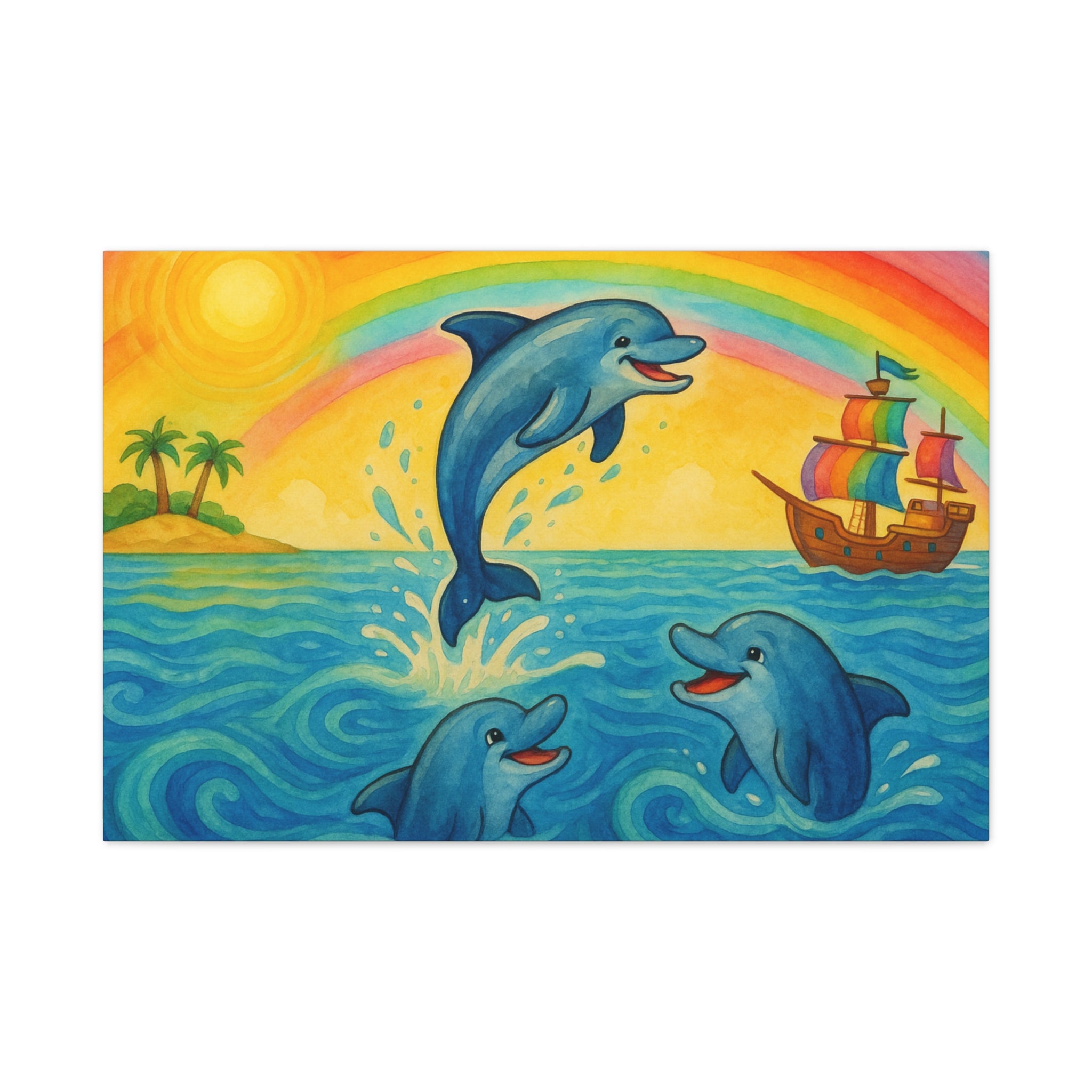Colorful Dolphin Canvas Wall Art, Nautical Home Decor, Beach Vibes, Kids Bedroom Wall Art, Ocean-Themed Gift, Bright Rainbow Print