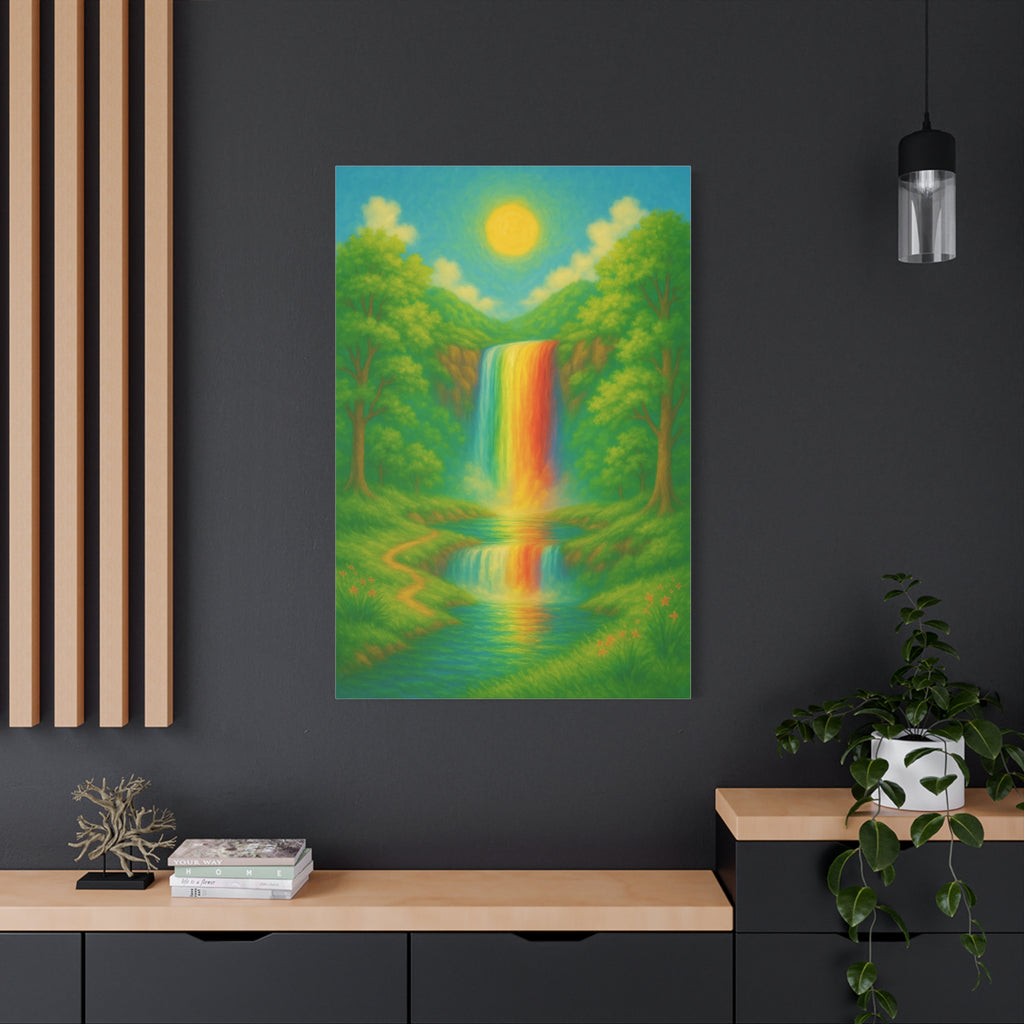 Rainbow Waterfall Landscape, Vibrant Nature Wall Art with Golden Sun and Lush Green Forest