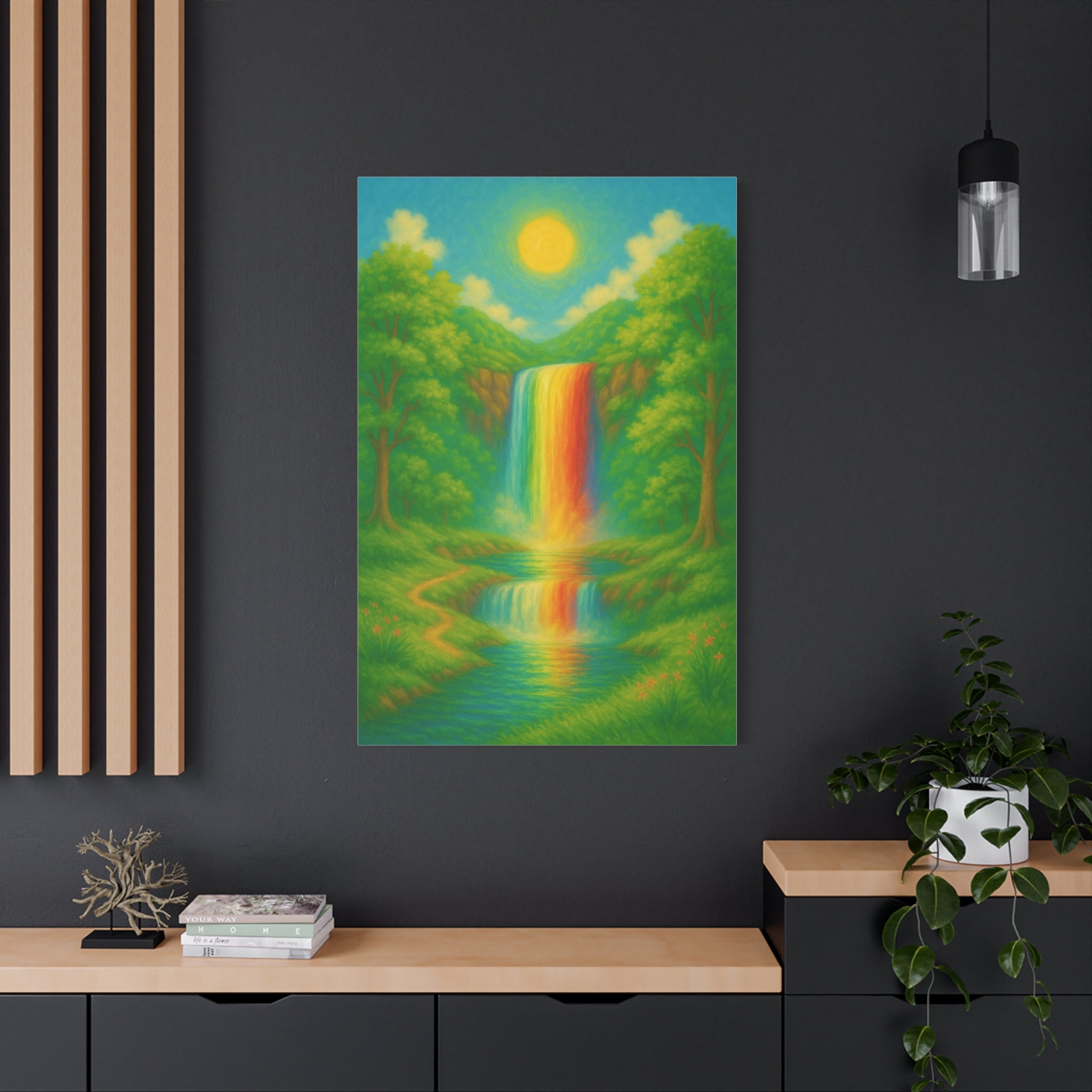 Rainbow Waterfall Landscape, Vibrant Nature Wall Art with Golden Sun and Lush Green Forest