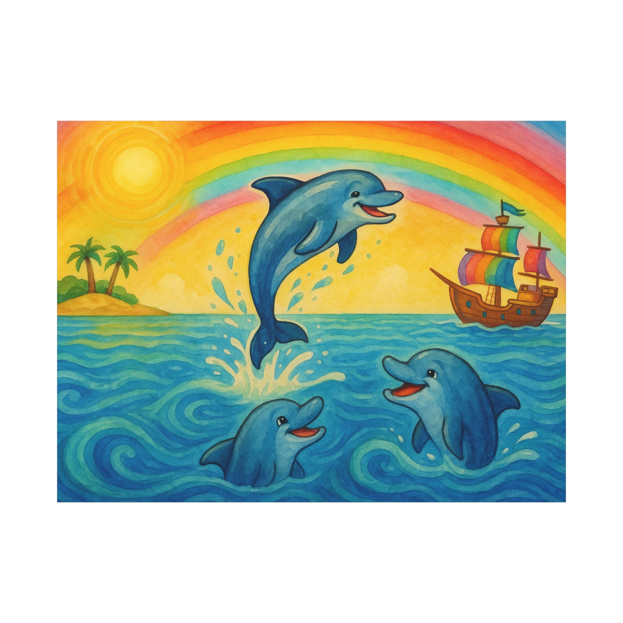 Colorful Dolphin Canvas Wall Art, Nautical Home Decor, Beach Vibes, Kids Bedroom Wall Art, Ocean-Themed Gift, Bright Rainbow Print