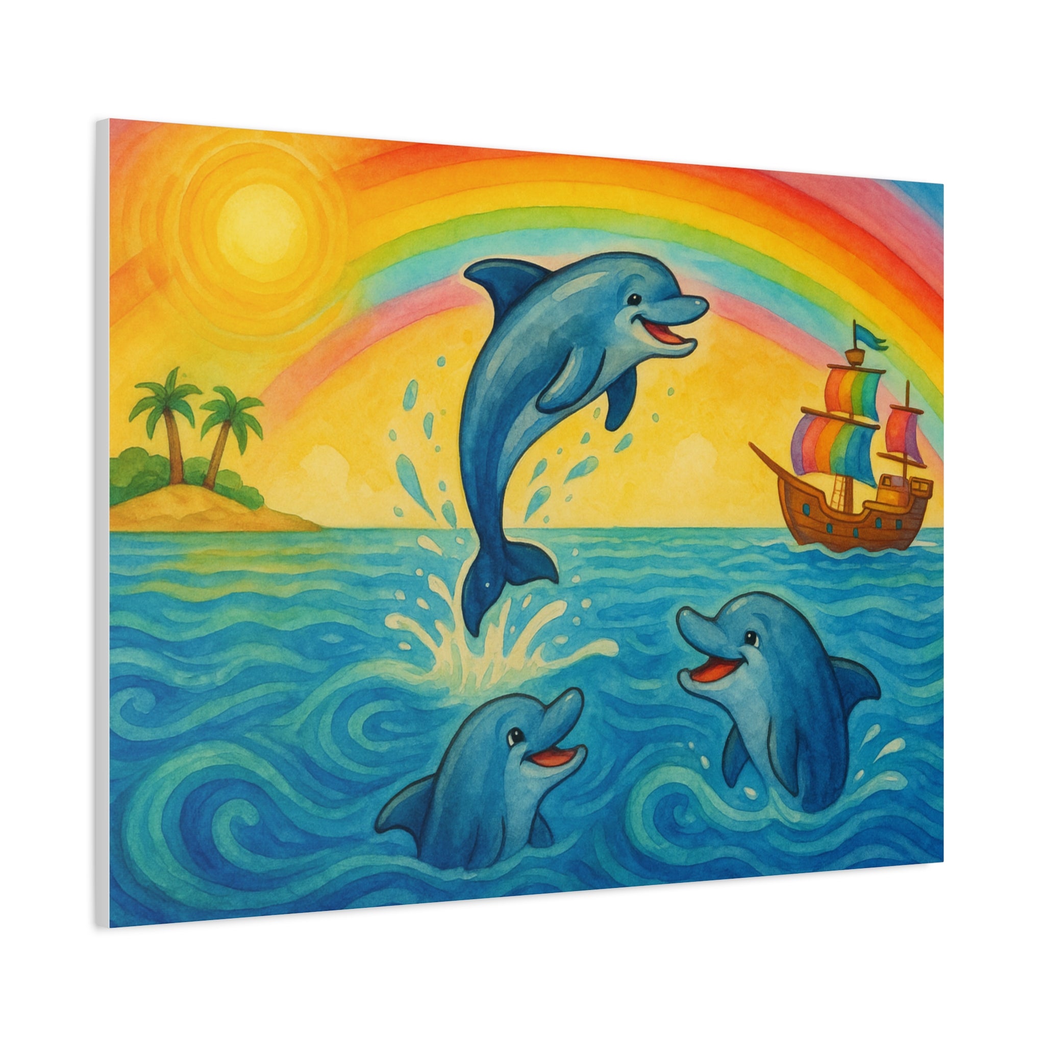 Colorful Dolphin Canvas Wall Art, Nautical Home Decor, Beach Vibes, Kids Bedroom Wall Art, Ocean-Themed Gift, Bright Rainbow Print