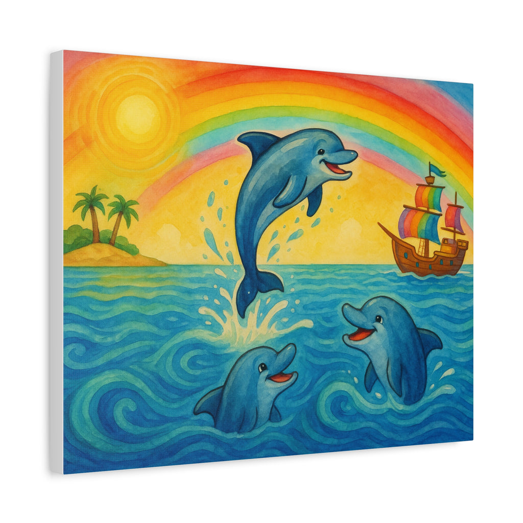 Colorful Dolphin Canvas Wall Art, Nautical Home Decor, Beach Vibes, Kids Bedroom Wall Art, Ocean-Themed Gift, Bright Rainbow Print