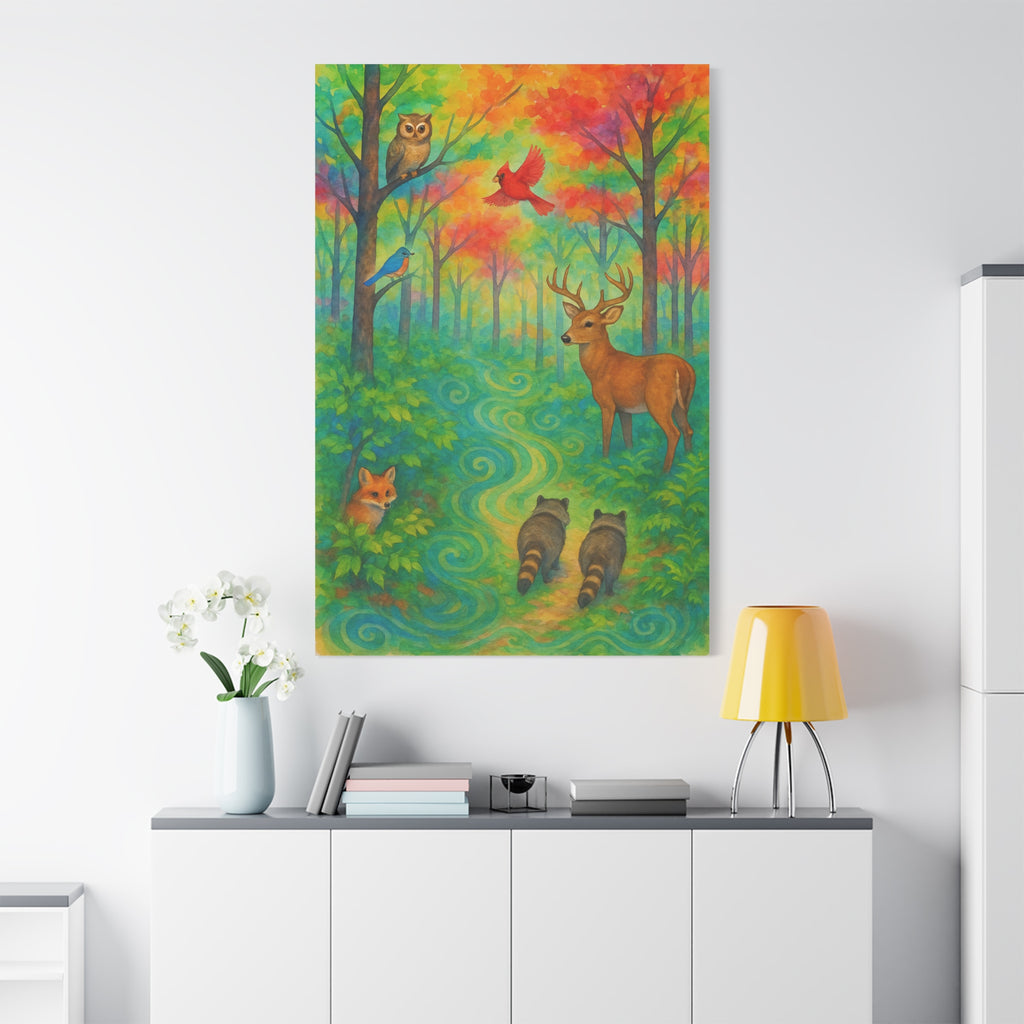 Rainbow Woodland Watercolor Painting – Vibrant Forest with Deer, Fox, Raccoons, and Birds | Nature Wall Art for Living Room or Nursery