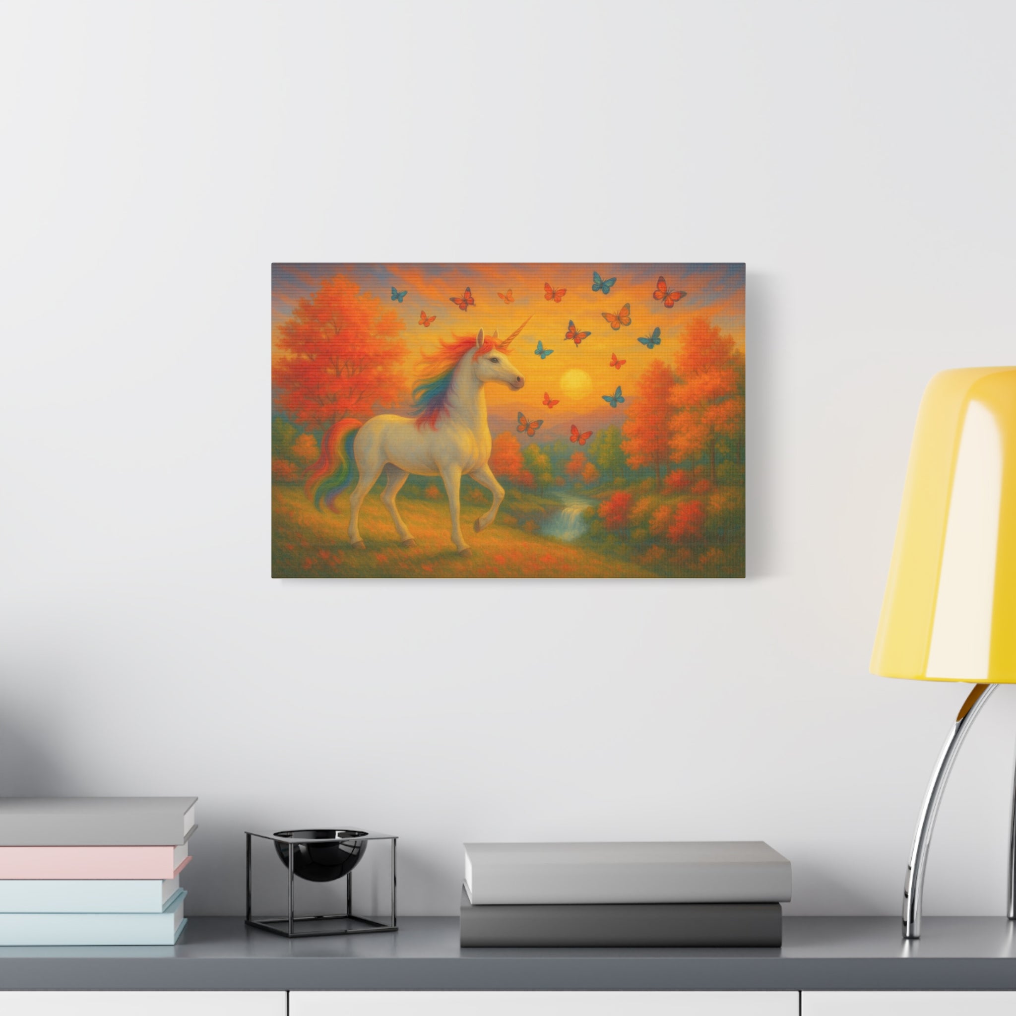 Whimsical Unicorn at Sunset, Rainbow Butterflies Fantasy Canvas Wall Art for Kids and Dreamers, A Magical Rainbow Moment in Nature