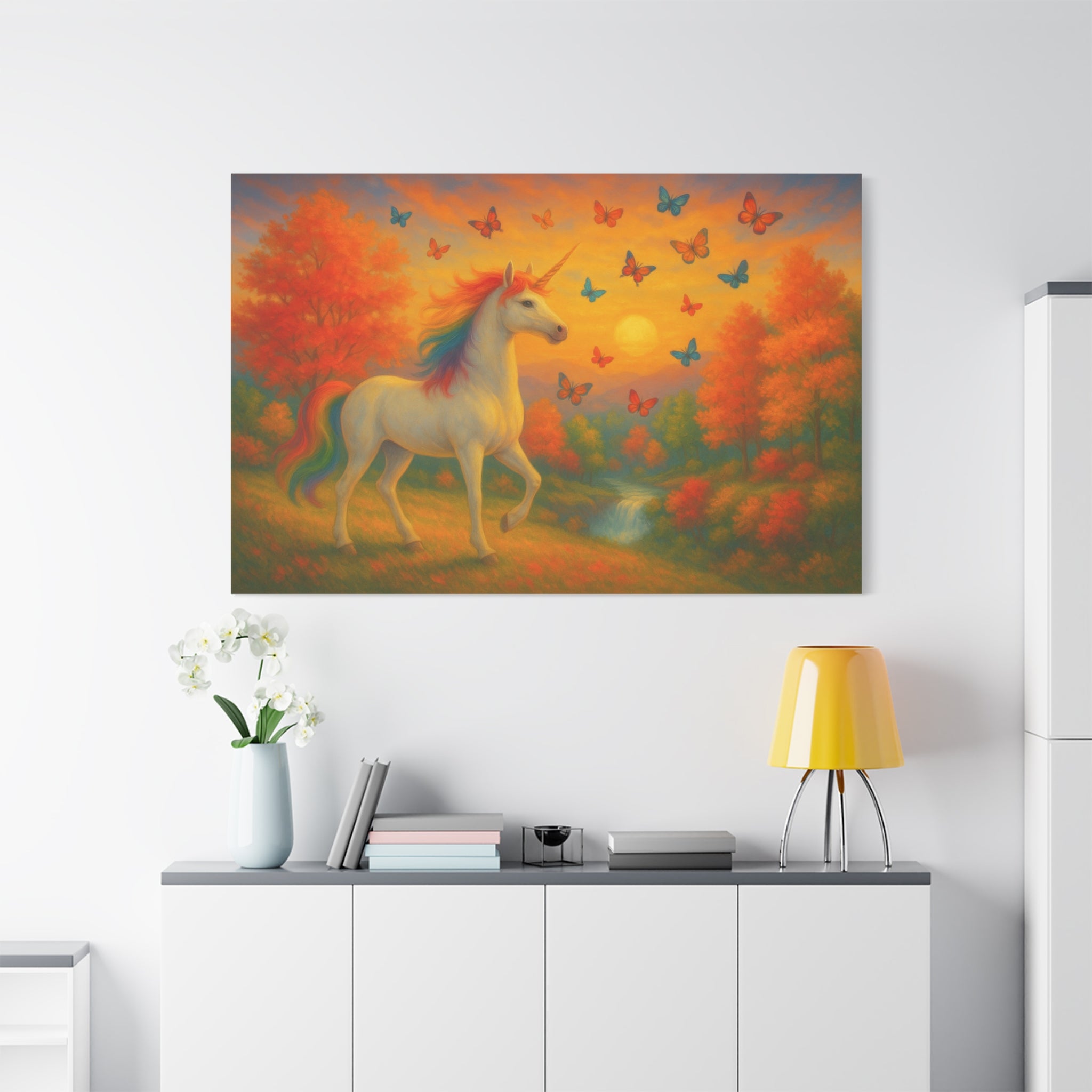 Whimsical Unicorn at Sunset, Rainbow Butterflies Fantasy Canvas Wall Art for Kids and Dreamers, A Magical Rainbow Moment in Nature