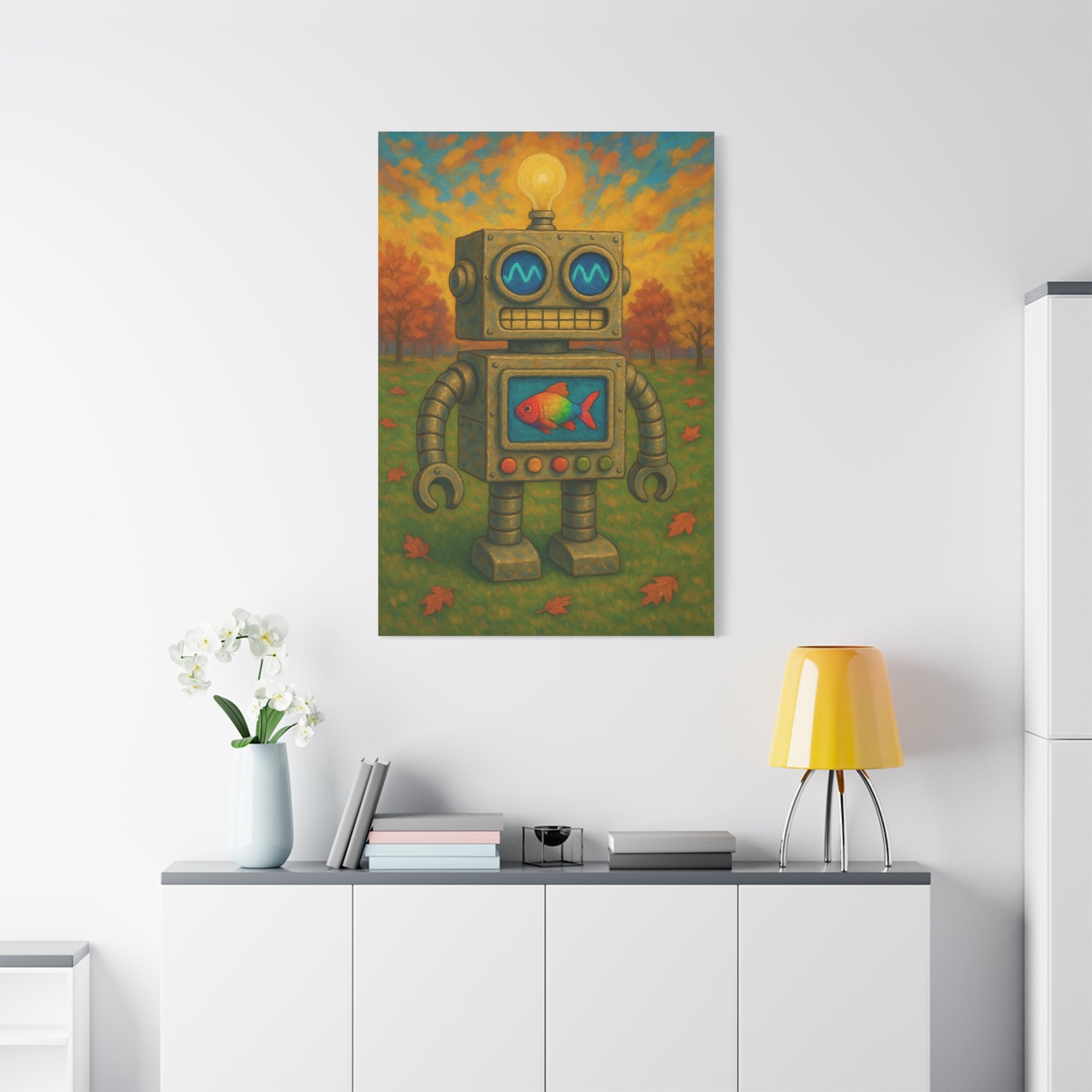 Whimsical Robot & Rainbow Fish – Fall Landscape Canvas Wall Art. Bring warmth and wonder home with this colorful fall-themed robot painting. A playful mix of nature, creativity, and curiosity.