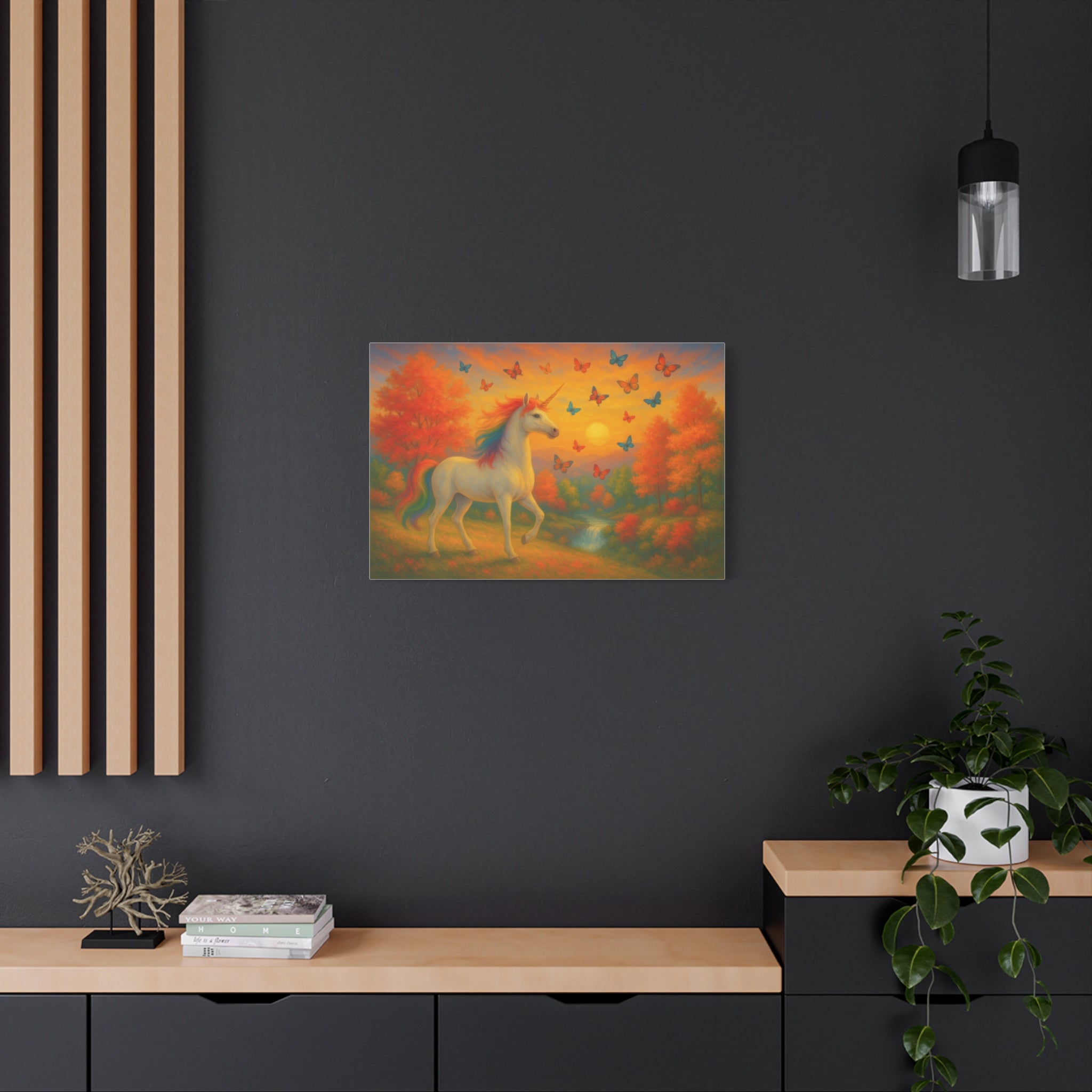 Whimsical Unicorn at Sunset, Rainbow Butterflies Fantasy Canvas Wall Art for Kids and Dreamers, A Magical Rainbow Moment in Nature