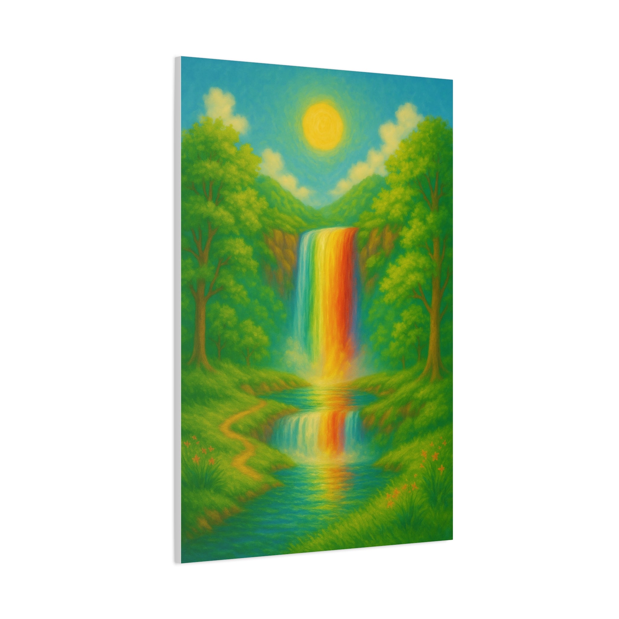 Rainbow Waterfall Landscape, Vibrant Nature Wall Art with Golden Sun and Lush Green Forest