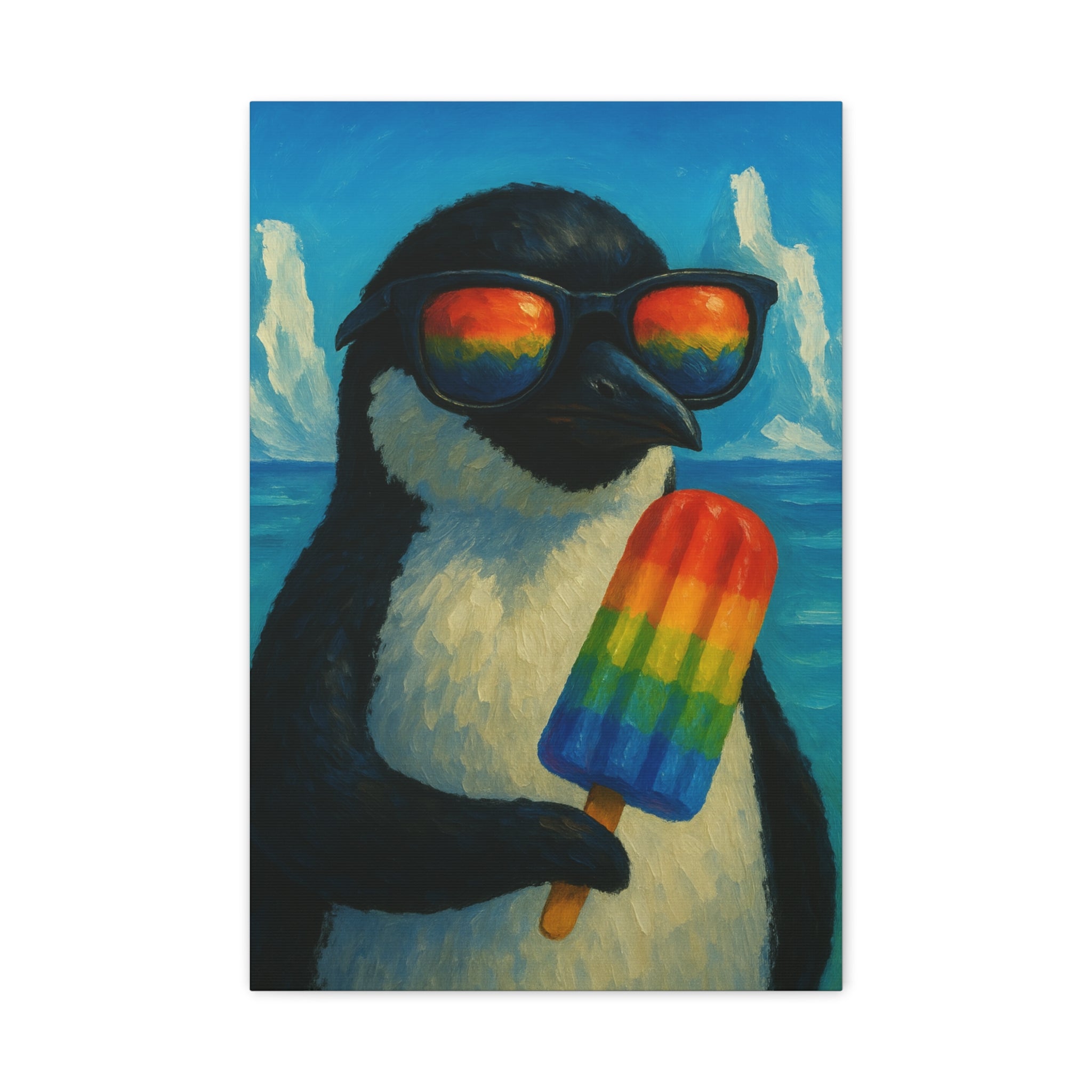 Colorful Penguin Canvas Art, Rainbow Popsicle Print, Beach Decor, Fun Wall Art, Gift for Animal Lovers, Summer Vibe