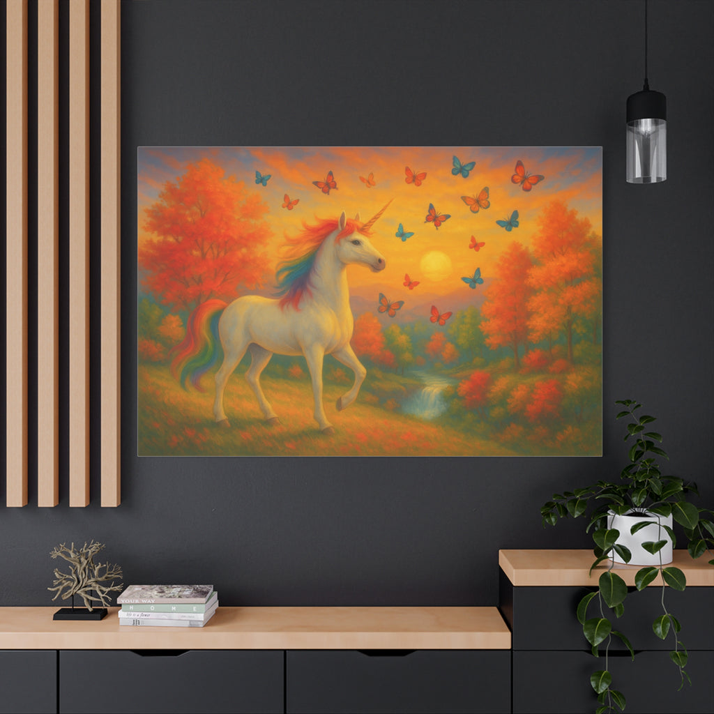 Whimsical Unicorn at Sunset, Rainbow Butterflies Fantasy Canvas Wall Art for Kids and Dreamers, A Magical Rainbow Moment in Nature