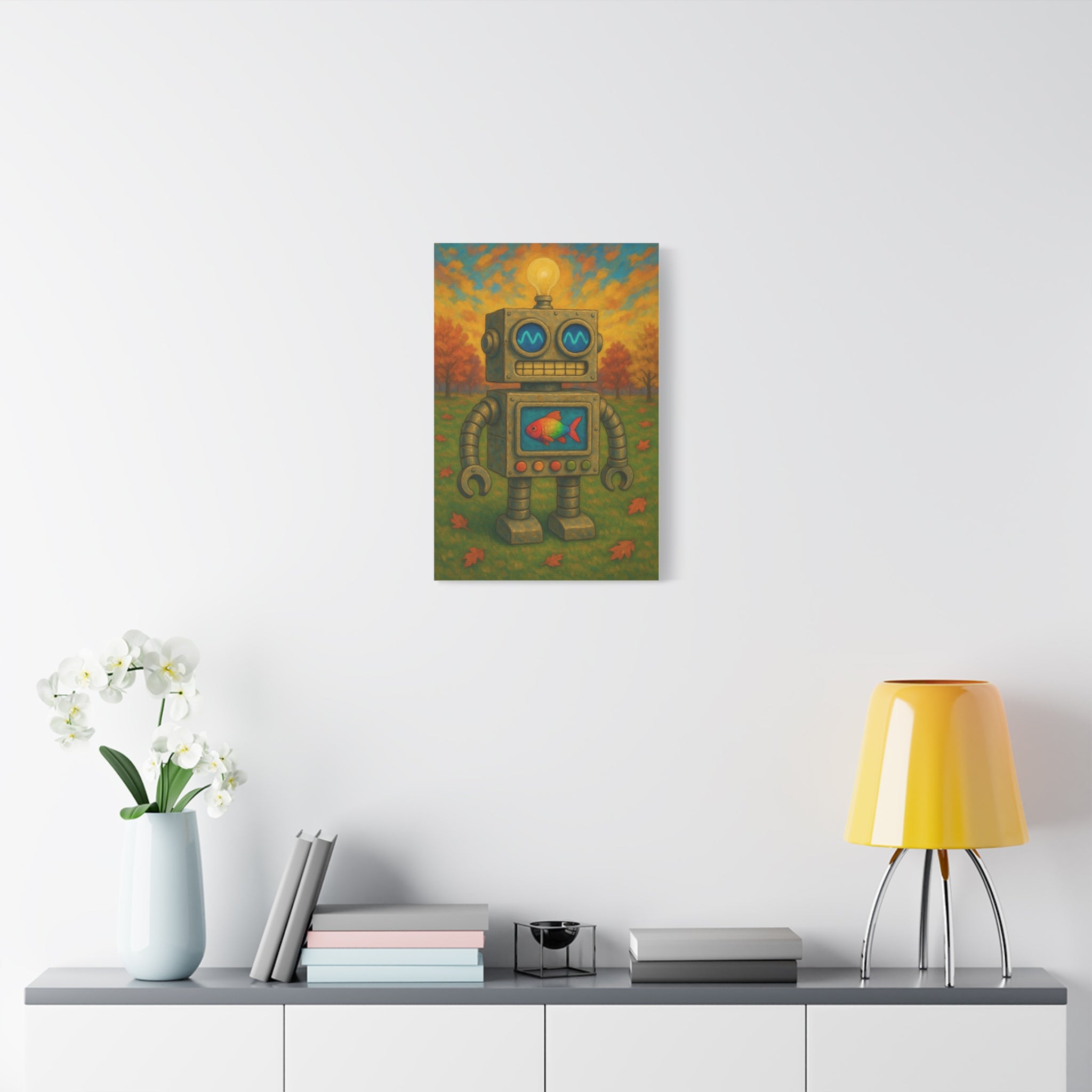 Whimsical Robot & Rainbow Fish – Fall Landscape Canvas Wall Art. Bring warmth and wonder home with this colorful fall-themed robot painting. A playful mix of nature, creativity, and curiosity.