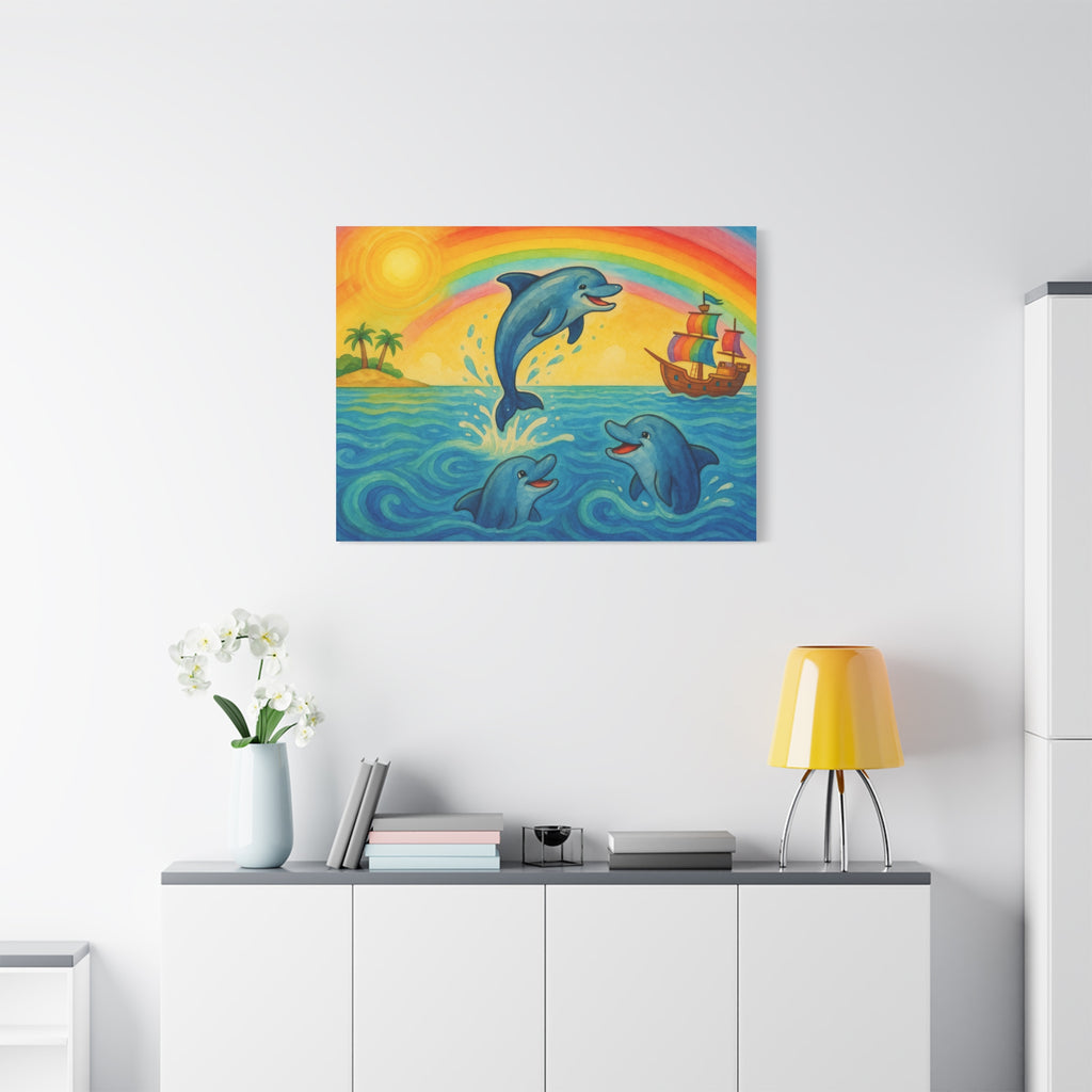 Colorful Dolphin Canvas Wall Art, Nautical Home Decor, Beach Vibes, Kids Bedroom Wall Art, Ocean-Themed Gift, Bright Rainbow Print