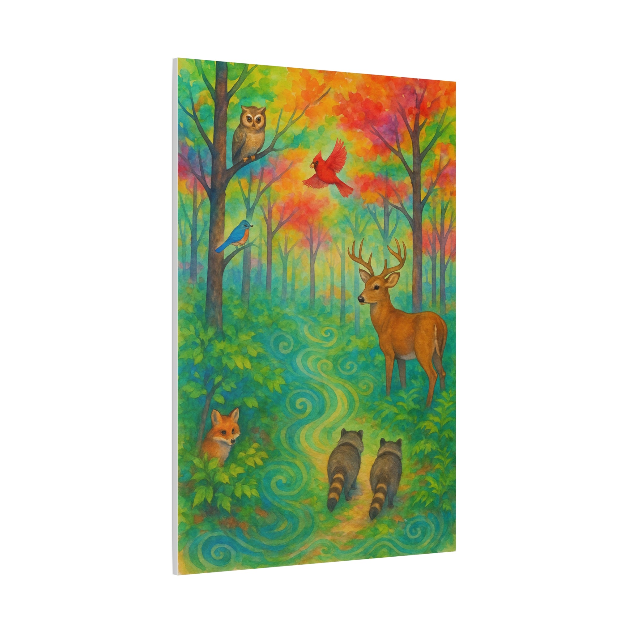 Rainbow Woodland Watercolor Painting – Vibrant Forest with Deer, Fox, Raccoons, and Birds | Nature Wall Art for Living Room or Nursery