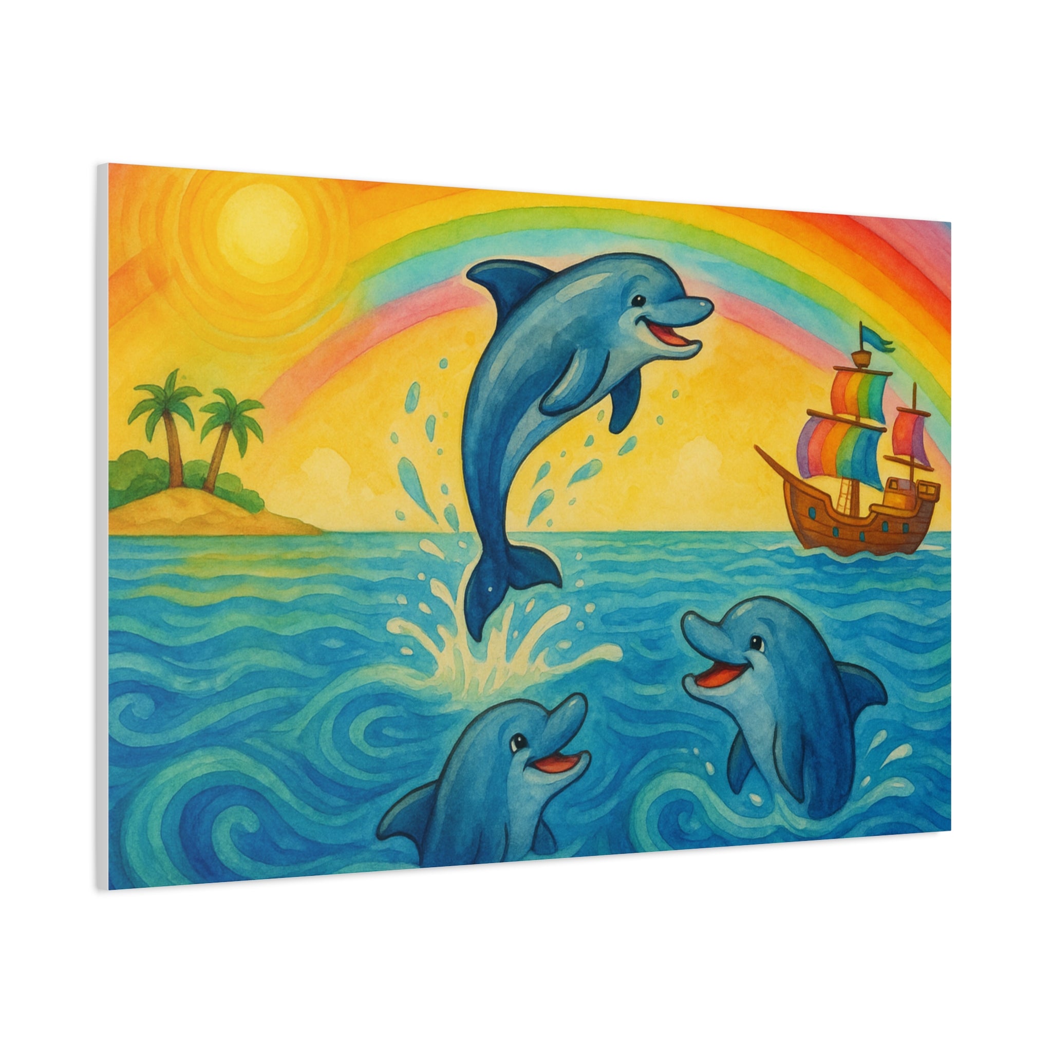 Colorful Dolphin Canvas Wall Art, Nautical Home Decor, Beach Vibes, Kids Bedroom Wall Art, Ocean-Themed Gift, Bright Rainbow Print