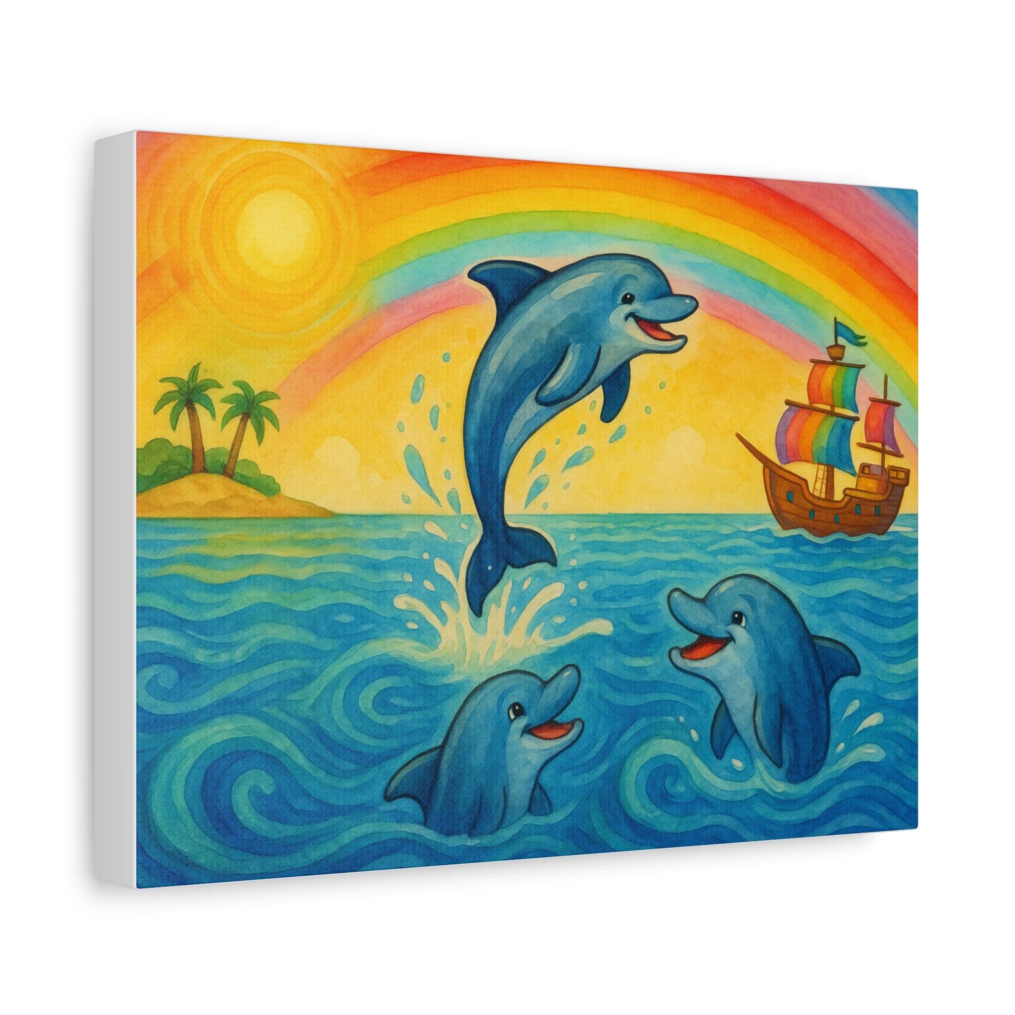 Colorful Dolphin Canvas Wall Art, Nautical Home Decor, Beach Vibes, Kids Bedroom Wall Art, Ocean-Themed Gift, Bright Rainbow Print