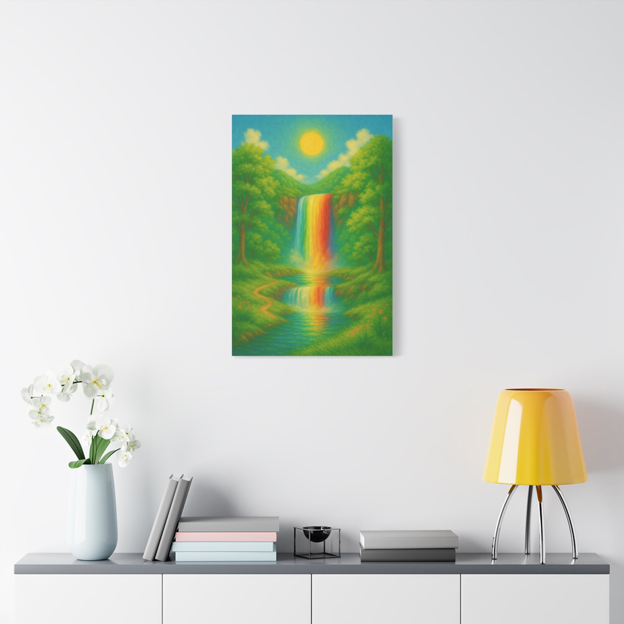 Rainbow Waterfall Landscape, Vibrant Nature Wall Art with Golden Sun and Lush Green Forest
