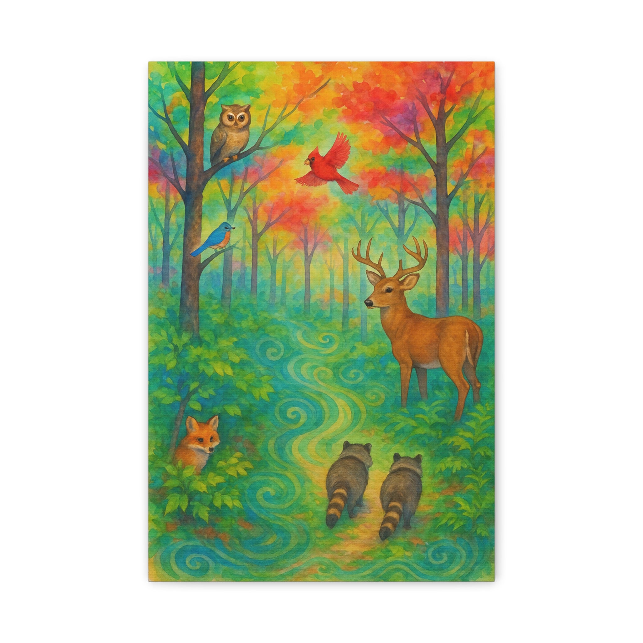 Rainbow Woodland Watercolor Painting – Vibrant Forest with Deer, Fox, Raccoons, and Birds | Nature Wall Art for Living Room or Nursery