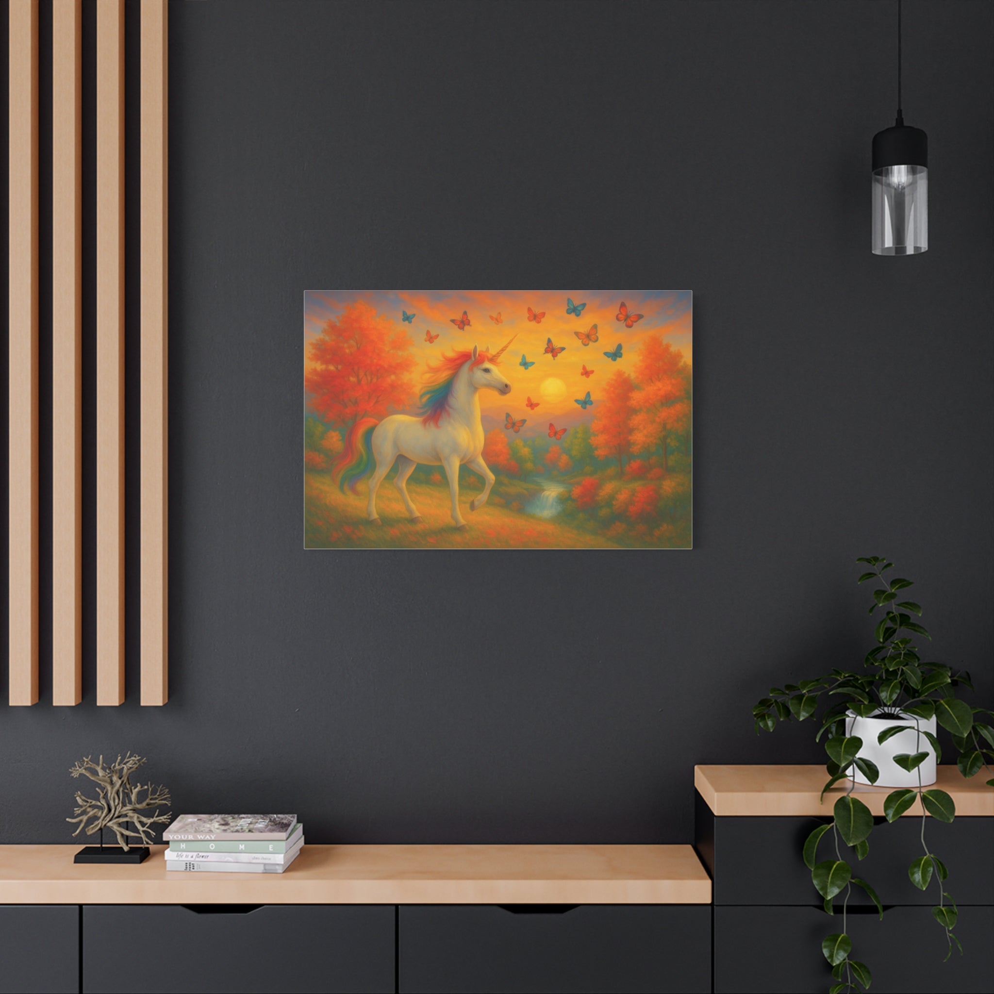 Whimsical Unicorn at Sunset, Rainbow Butterflies Fantasy Canvas Wall Art for Kids and Dreamers, A Magical Rainbow Moment in Nature
