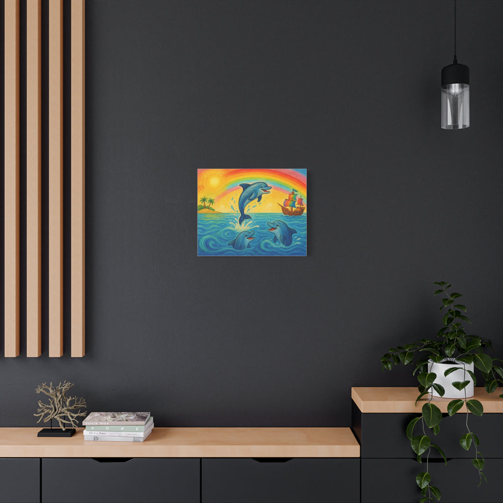 Colorful Dolphin Canvas Wall Art, Nautical Home Decor, Beach Vibes, Kids Bedroom Wall Art, Ocean-Themed Gift, Bright Rainbow Print