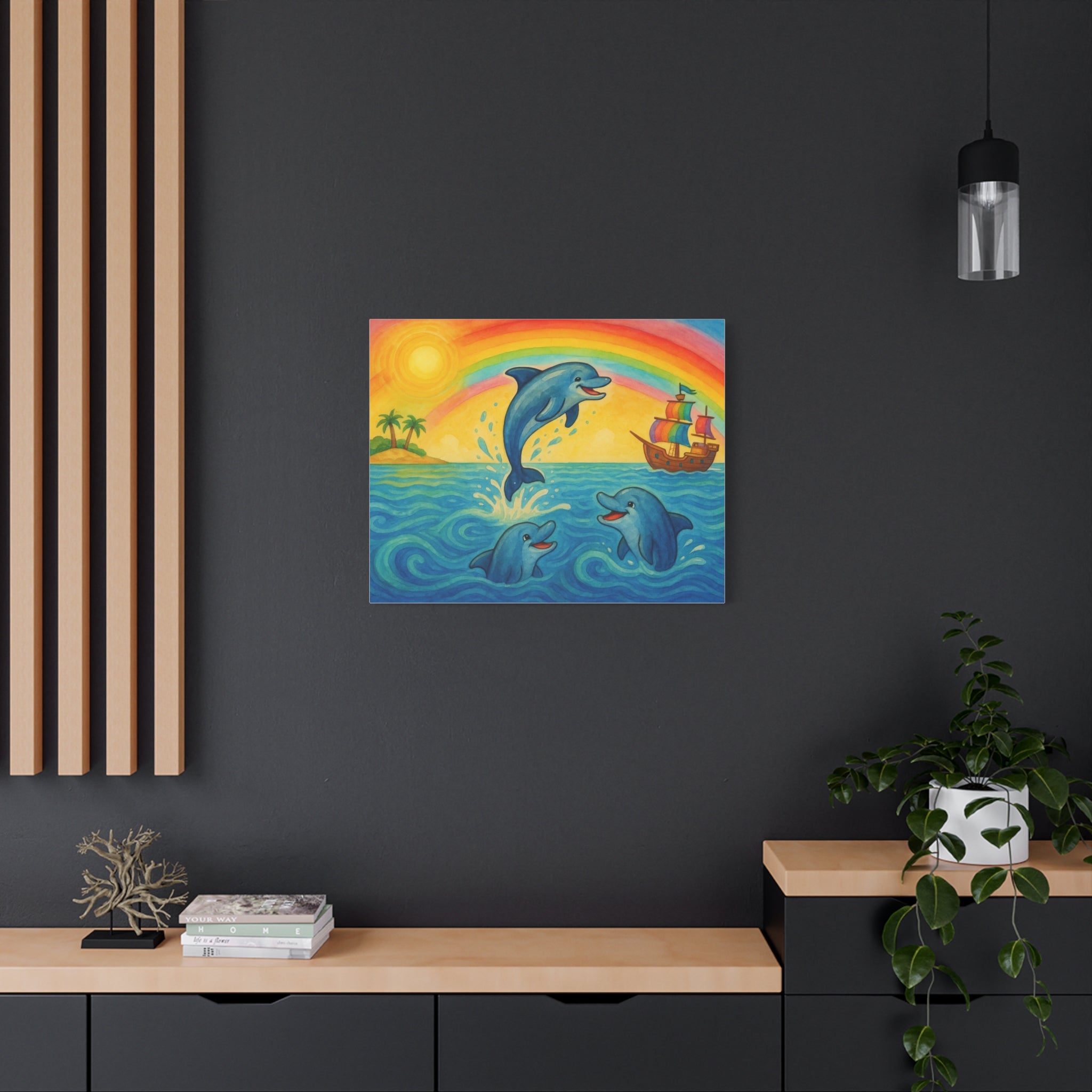 Colorful Dolphin Canvas Wall Art, Nautical Home Decor, Beach Vibes, Kids Bedroom Wall Art, Ocean-Themed Gift, Bright Rainbow Print