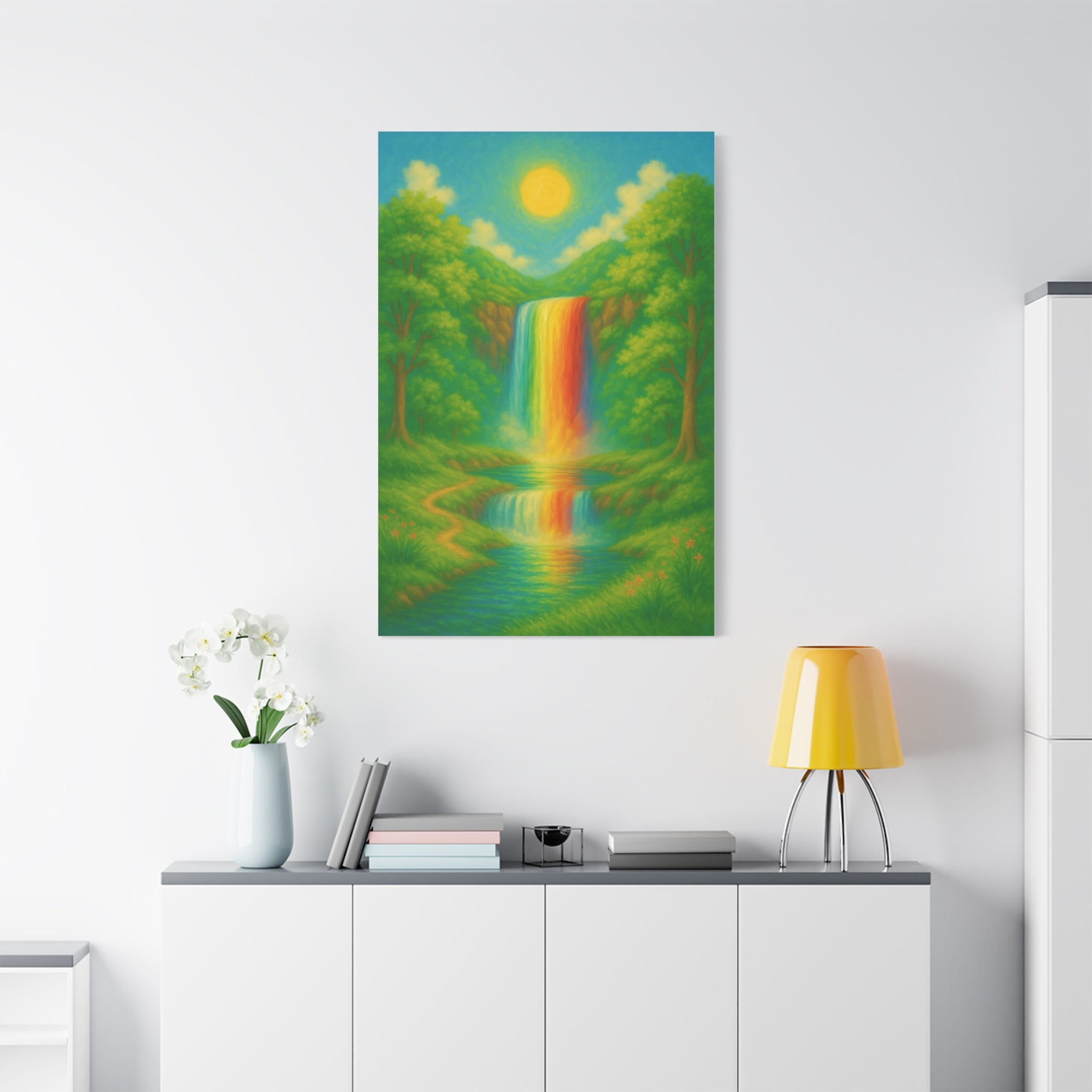 Rainbow Waterfall Landscape, Vibrant Nature Wall Art with Golden Sun and Lush Green Forest