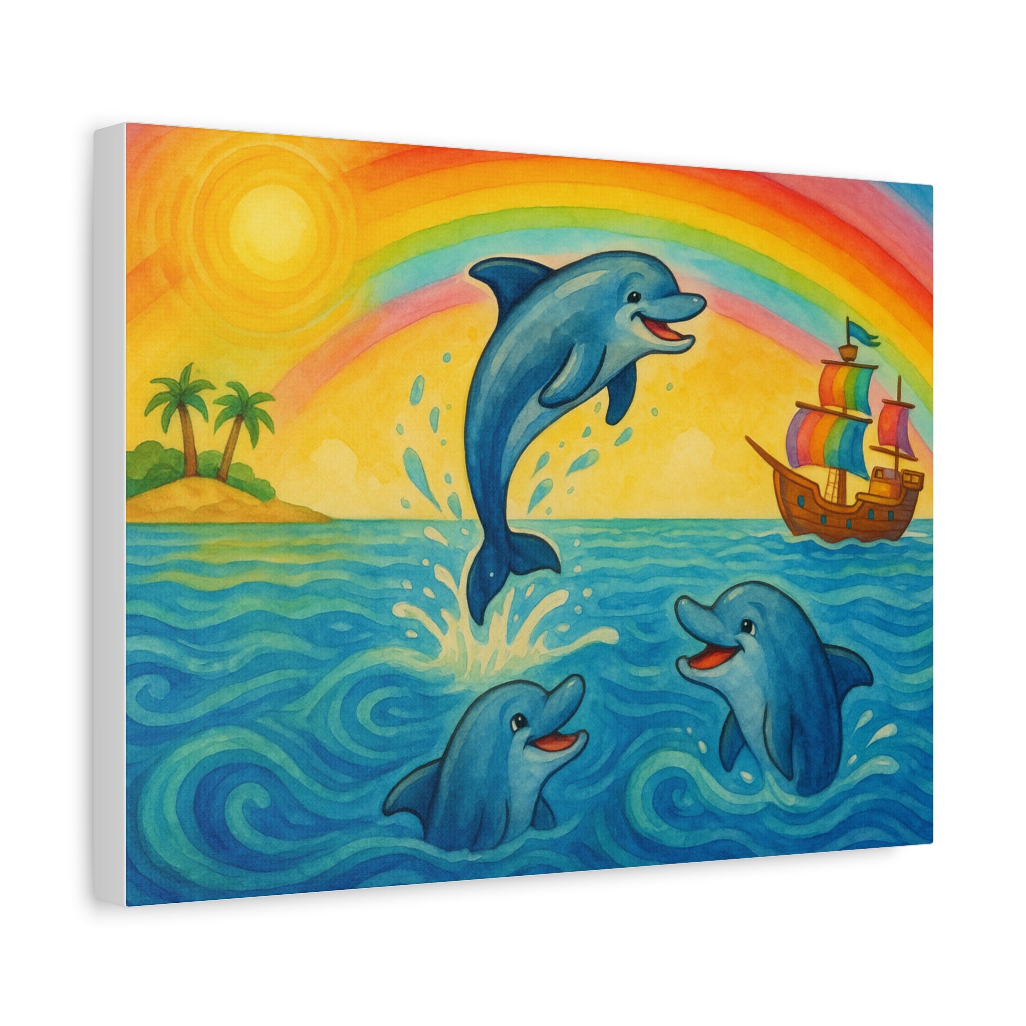 Colorful Dolphin Canvas Wall Art, Nautical Home Decor, Beach Vibes, Kids Bedroom Wall Art, Ocean-Themed Gift, Bright Rainbow Print