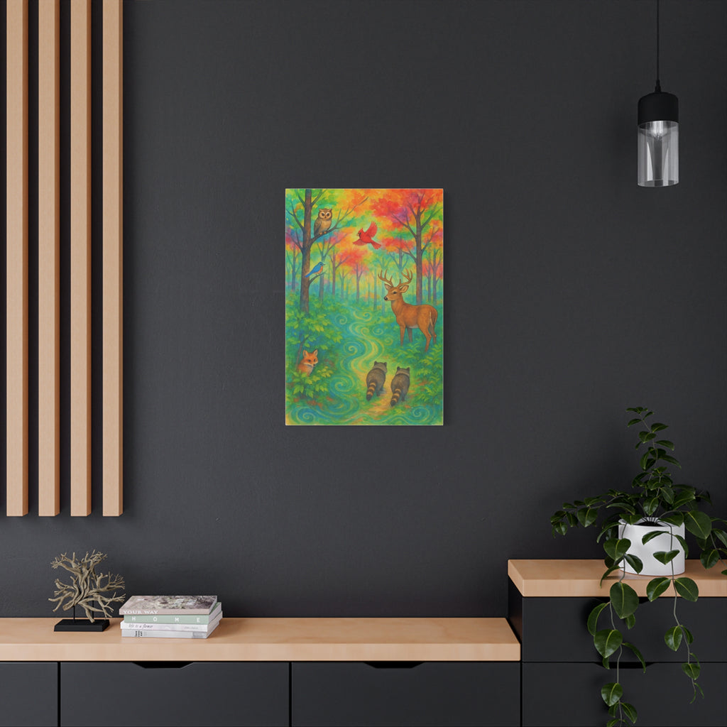 Rainbow Woodland Watercolor Painting – Vibrant Forest with Deer, Fox, Raccoons, and Birds | Nature Wall Art for Living Room or Nursery