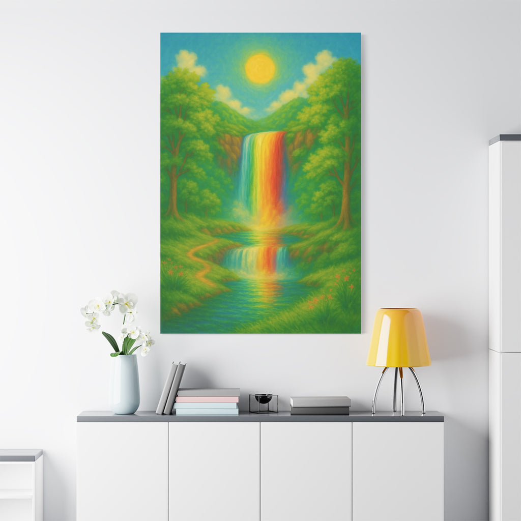 Rainbow Waterfall Landscape, Vibrant Nature Wall Art with Golden Sun and Lush Green Forest