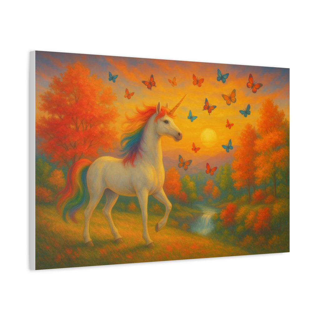 Whimsical Unicorn at Sunset, Rainbow Butterflies Fantasy Canvas Wall Art for Kids and Dreamers, A Magical Rainbow Moment in Nature