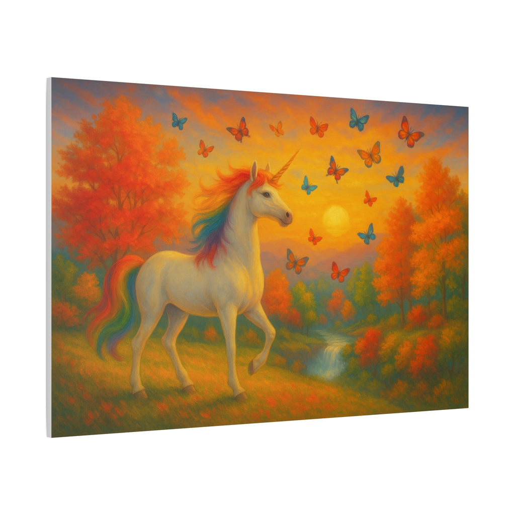 Whimsical Unicorn at Sunset, Rainbow Butterflies Fantasy Canvas Wall Art for Kids and Dreamers, A Magical Rainbow Moment in Nature