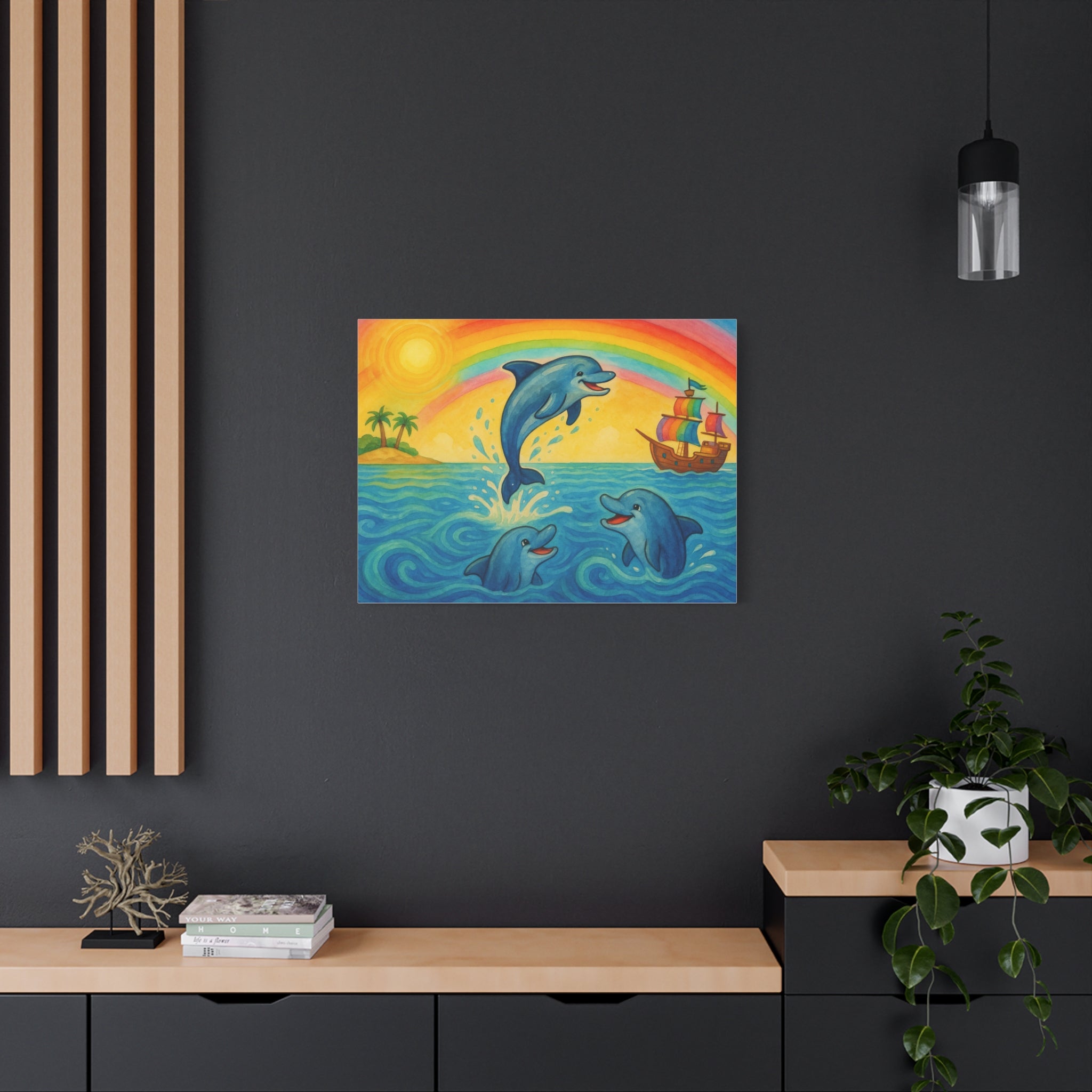 Colorful Dolphin Canvas Wall Art, Nautical Home Decor, Beach Vibes, Kids Bedroom Wall Art, Ocean-Themed Gift, Bright Rainbow Print