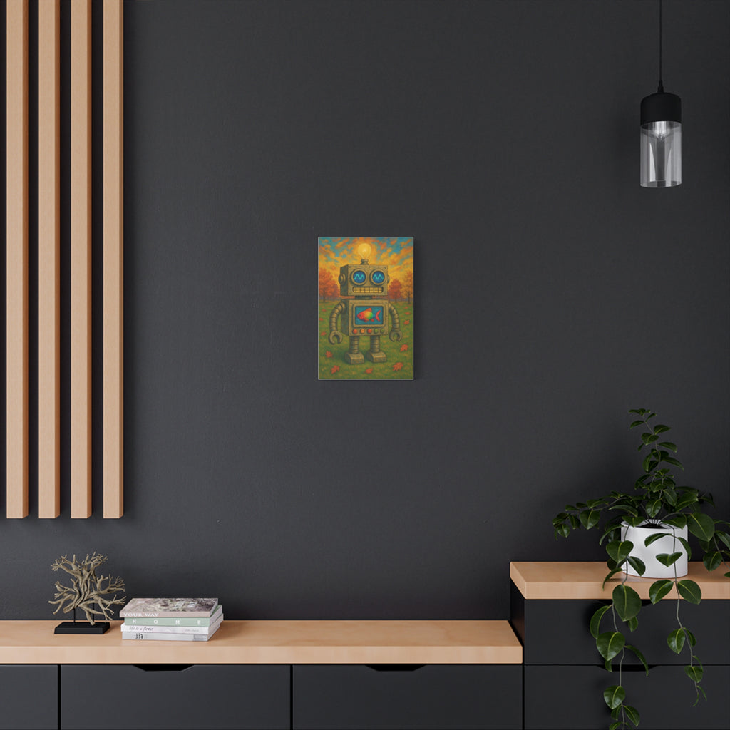 Whimsical Robot & Rainbow Fish – Fall Landscape Canvas Wall Art. Bring warmth and wonder home with this colorful fall-themed robot painting. A playful mix of nature, creativity, and curiosity.
