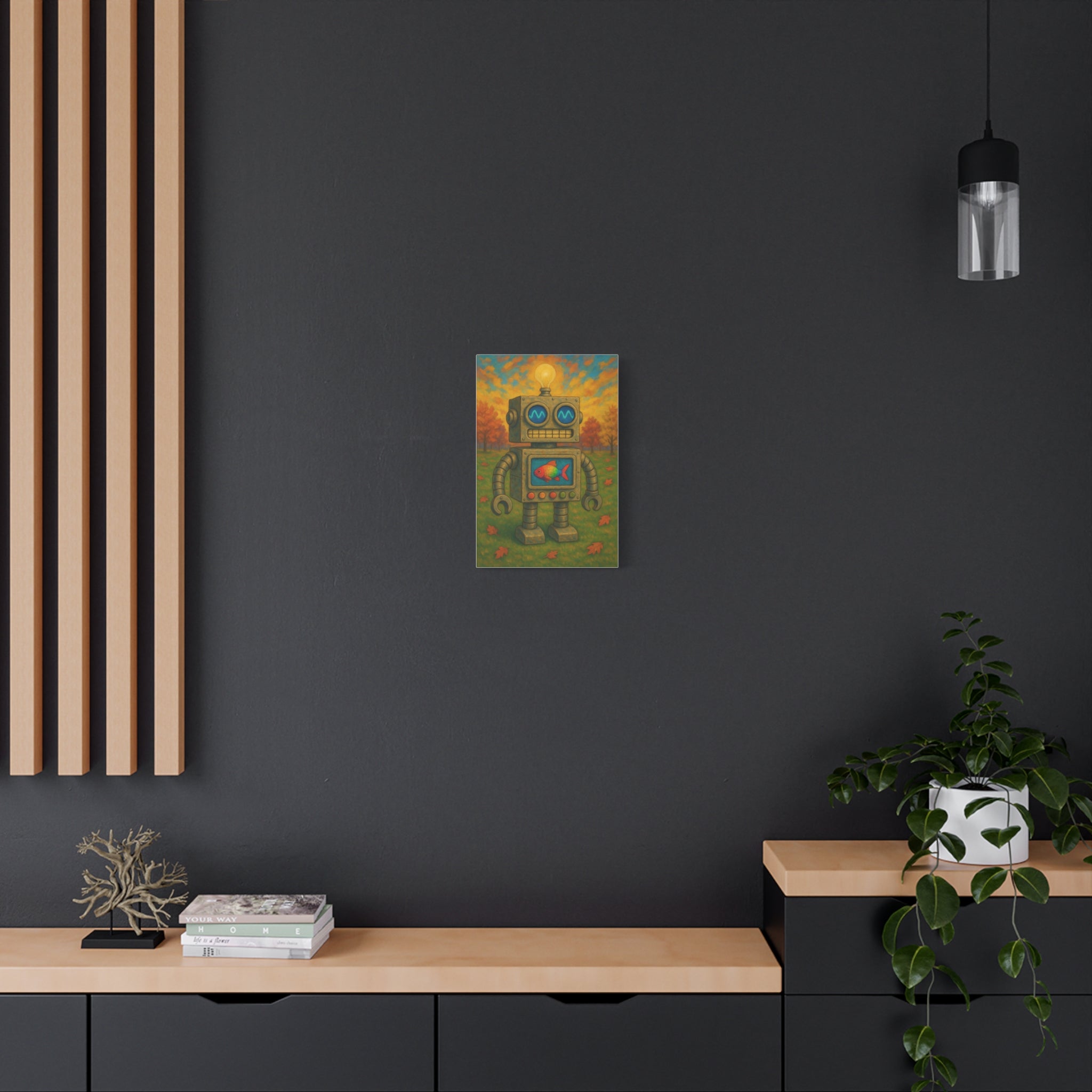 Whimsical Robot & Rainbow Fish – Fall Landscape Canvas Wall Art. Bring warmth and wonder home with this colorful fall-themed robot painting. A playful mix of nature, creativity, and curiosity.